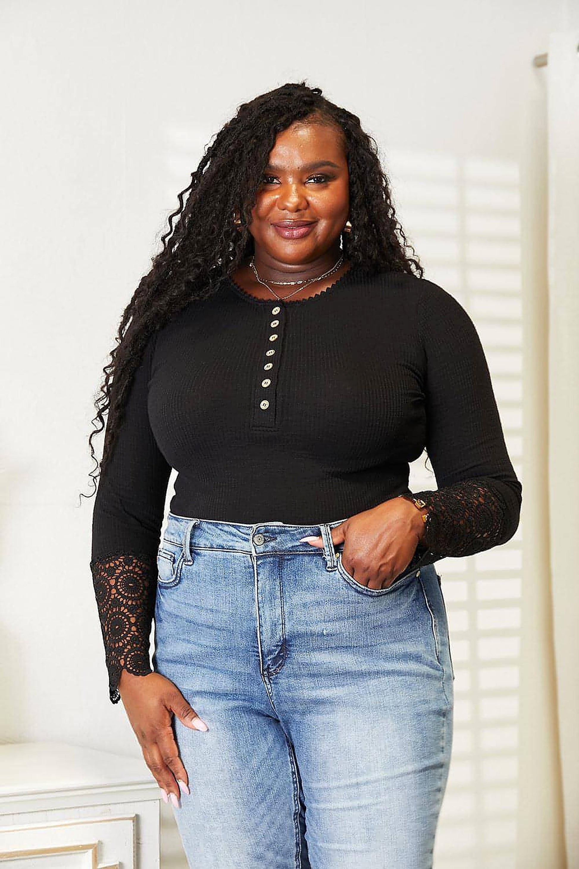 Double Take Crochet Lace Hem Sleeve Button Top - enhanced image 4