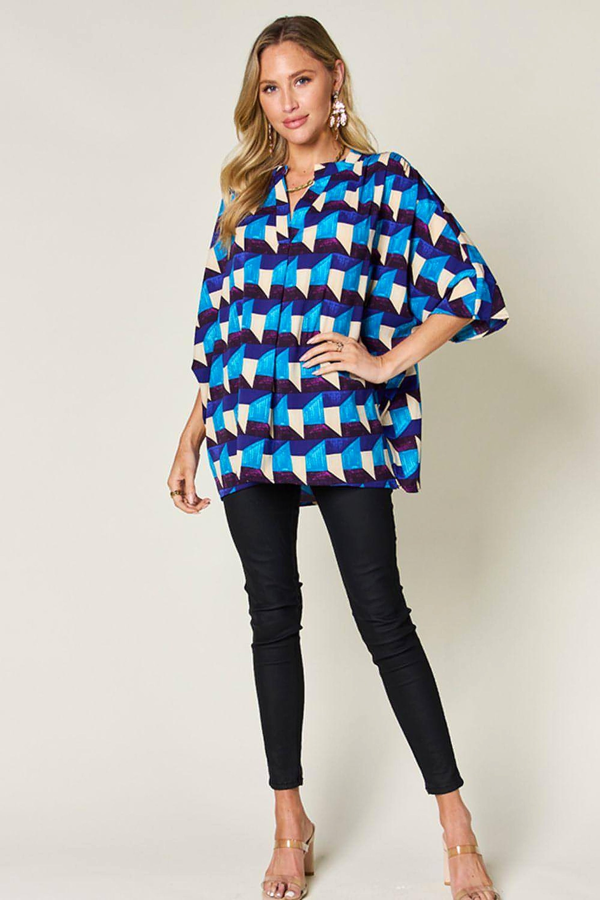Double Take Full Size Geometric Notched Half Sleeve Blouse - enhanced image 4