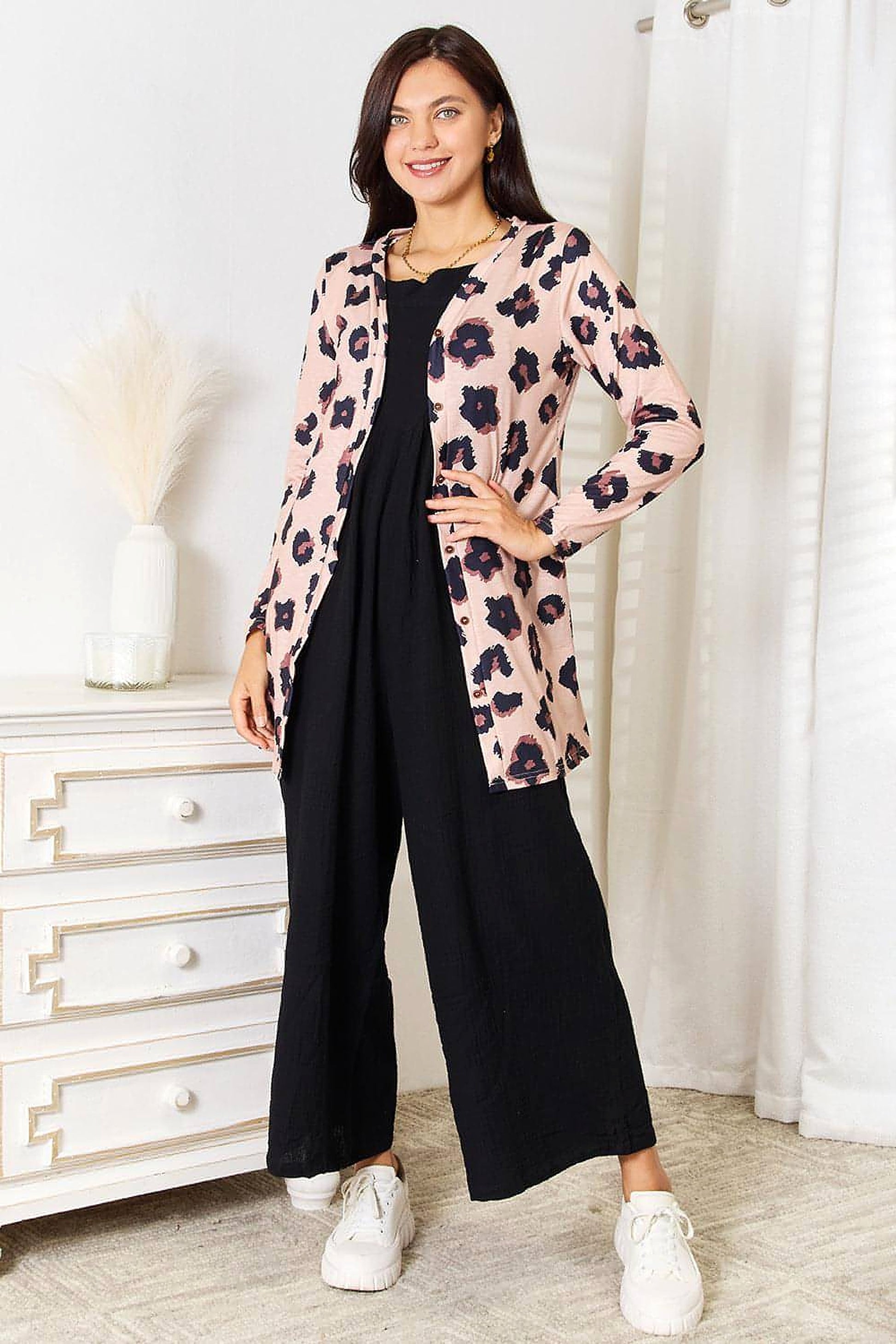 Double Take Printed Button Front Longline Cardigan - enhanced image 4