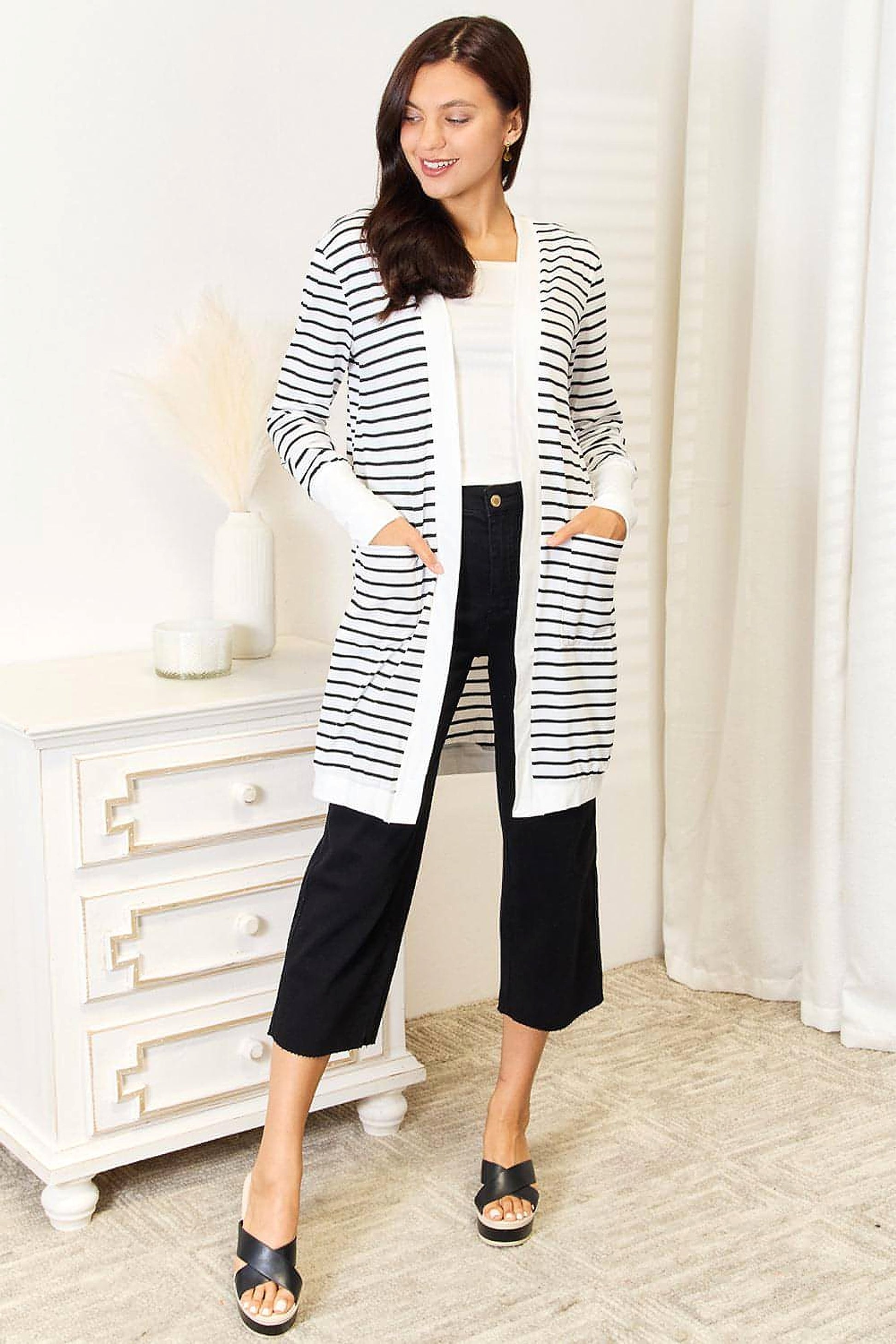 Double Take Striped Open Front Longline Cardigan - enhanced image 4