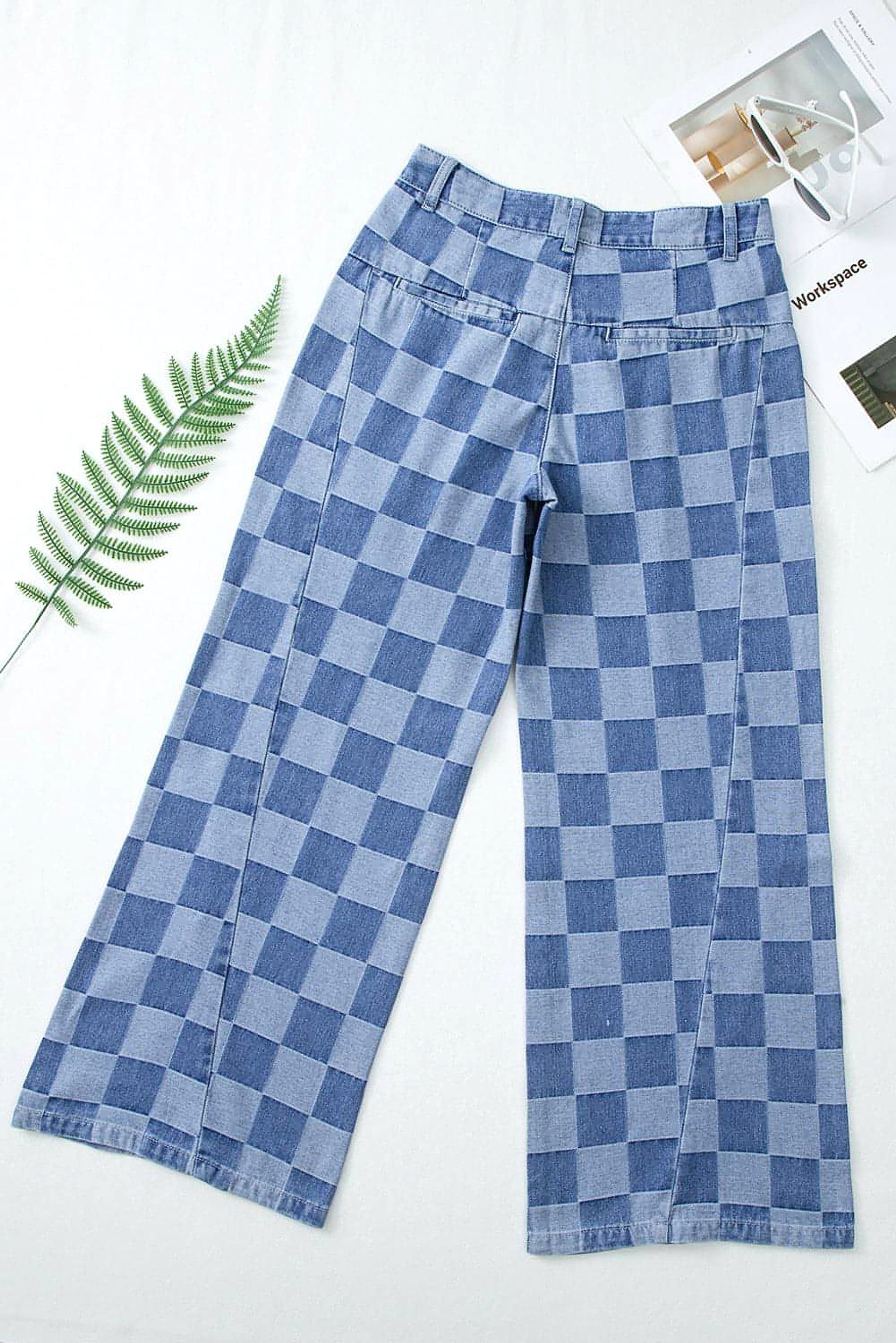 Dusk Blue Checkered Denim Wide Leg Jeans - enhanced image 4