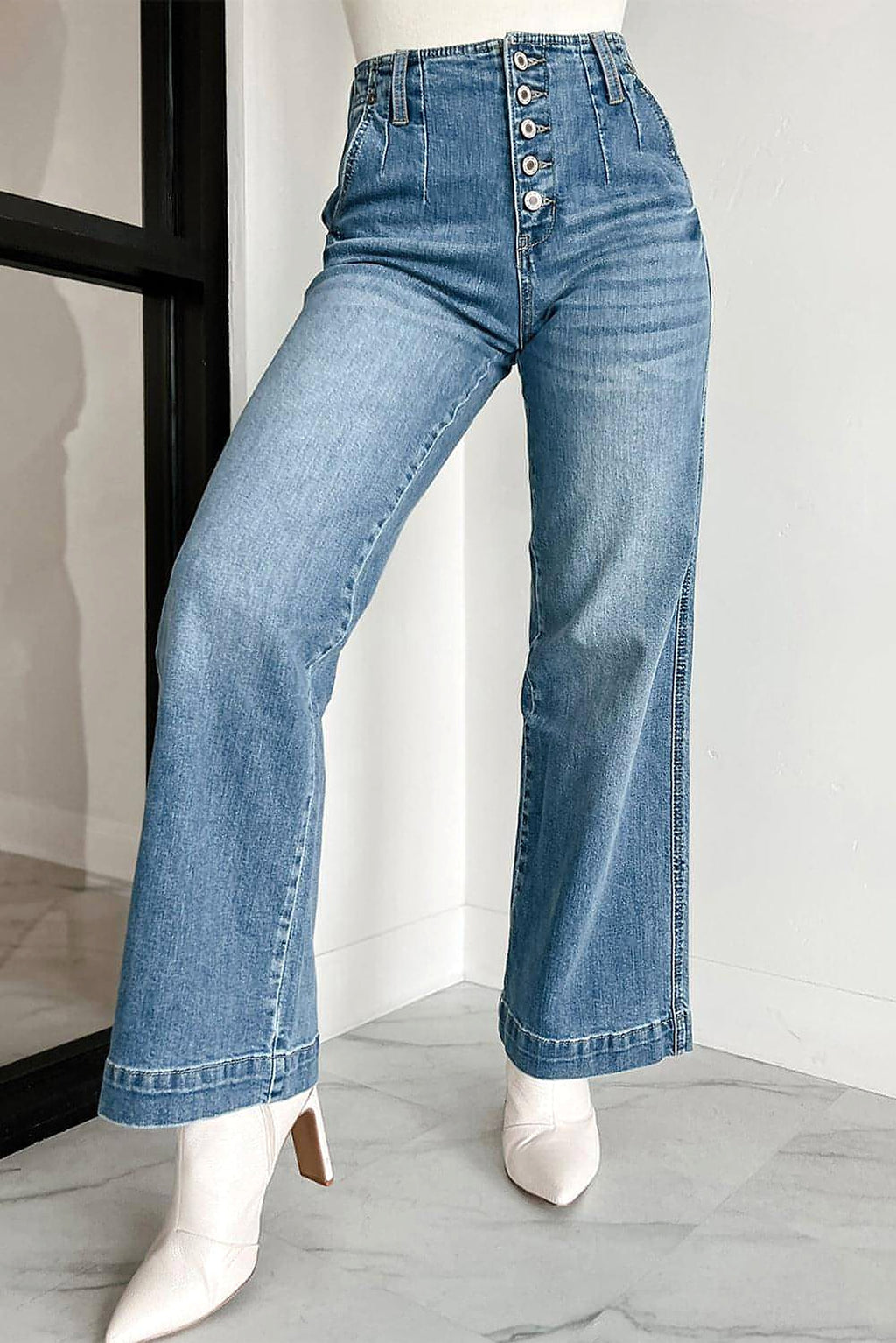 Dusk Blue Multi Buttons Medium Wash Straight Loose Leg Jeans - enhanced image 4