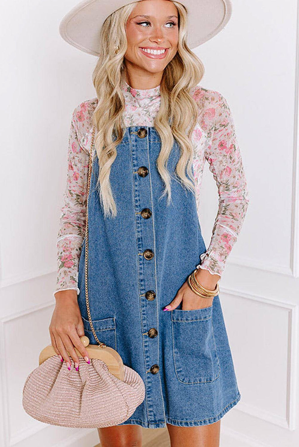 Dusk Blue Wide Strap Button Front Pocketed Denim Mini Dress - enhanced image 4