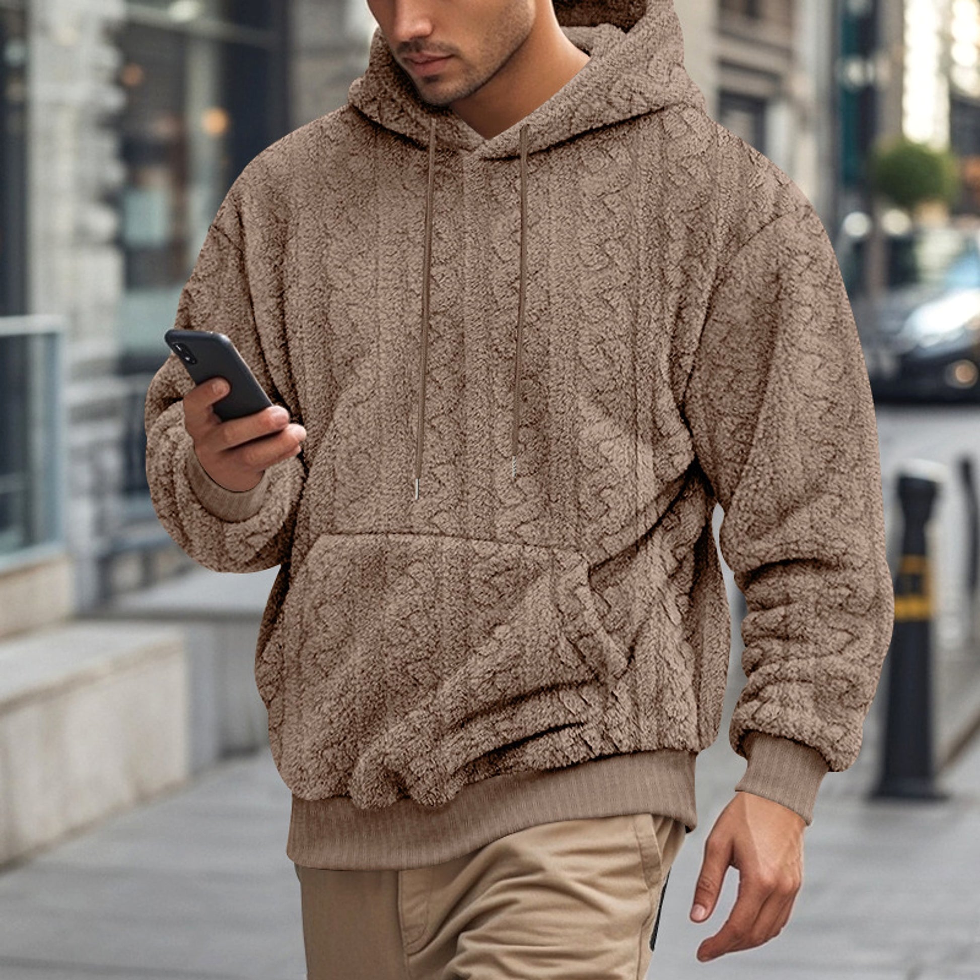 European And American Fall Winter Men Hooded Jacquard Teddy Plush Sports And Leisure Sweater - enhanced image 4