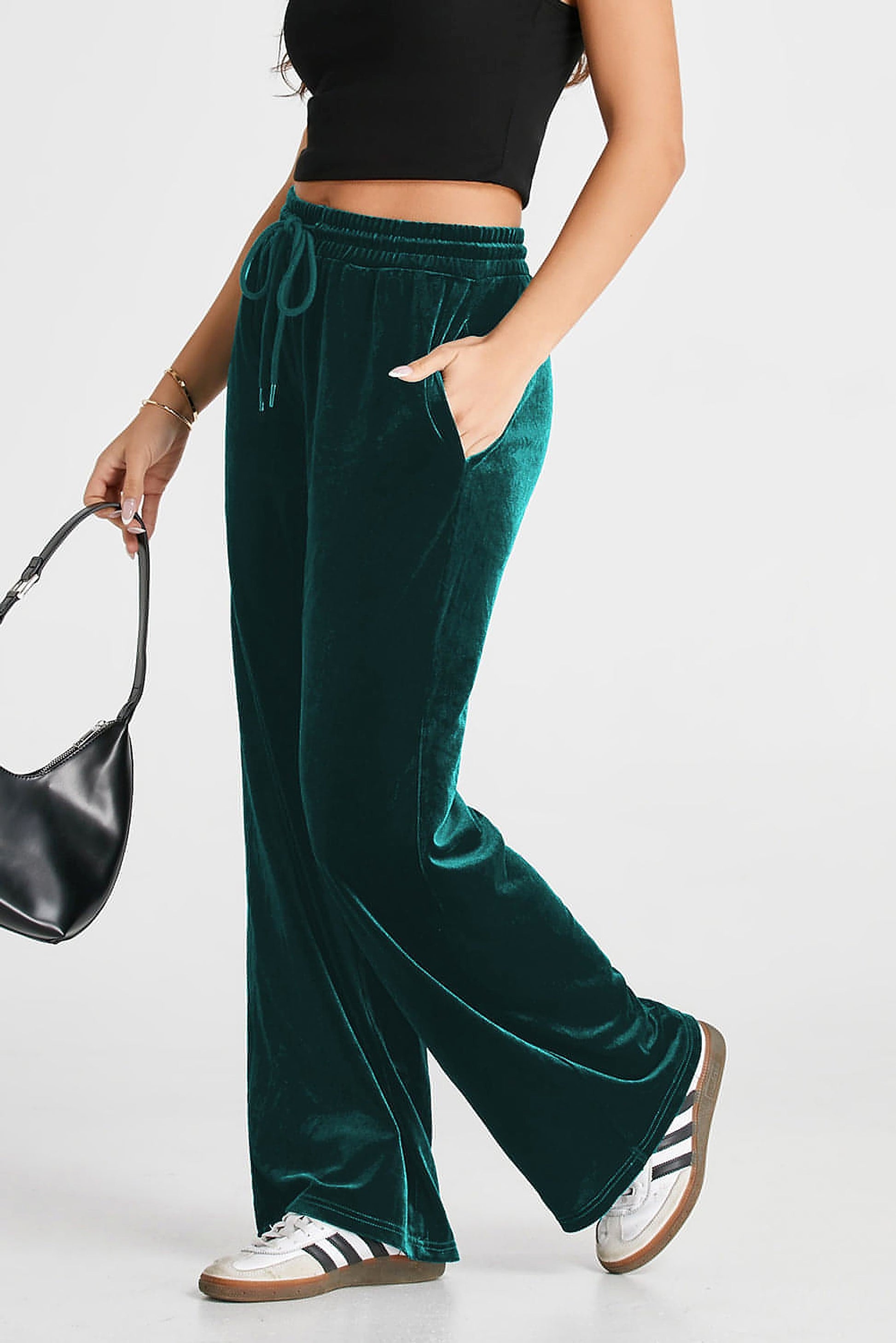 Evergreen Solid Drawstring Waist Wide Leg Pants - enhanced image 4
