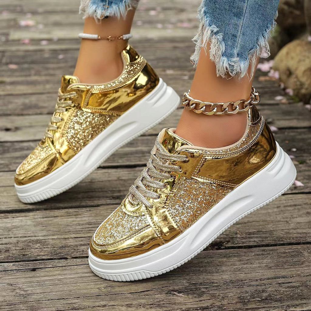Fashion Lace-up Flat Shoes With Sequin Design Casual Sports Thick Bottom Round Toe Shoes For Women Non-slip Walking Sneakers - enhanced image 4