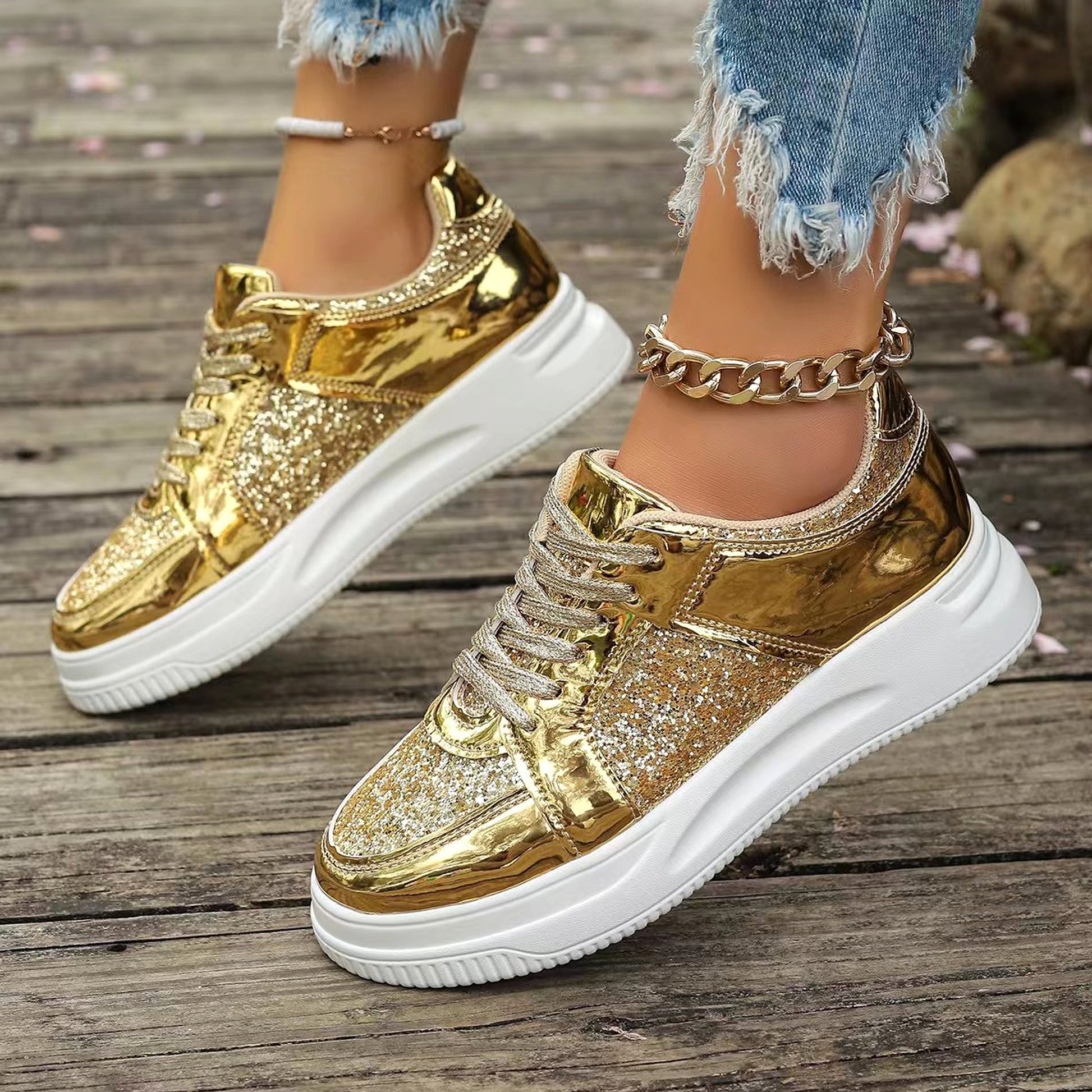 Fashion Lace-up Flat Shoes With Sequin Design Casual Sports Thick Bottom Round Toe Shoes For Women Non-slip Walking Sneakers - enhanced image 4