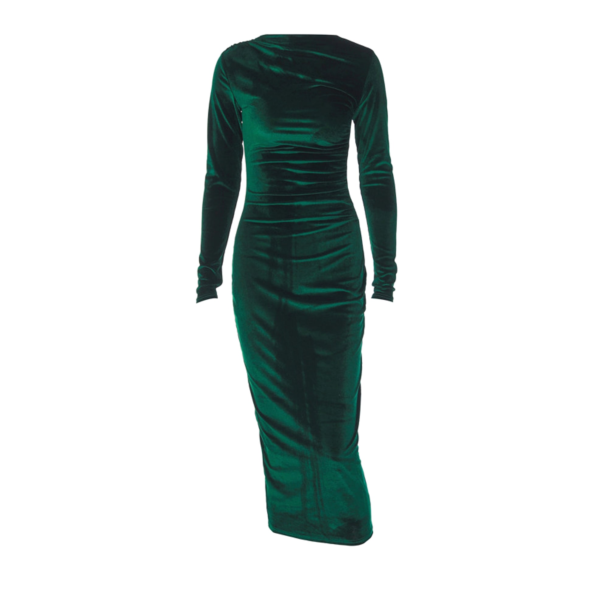 A1. Fashion Solid Color Slim Pleated Round-neck Long-sleeved Dress - enhanced image 4