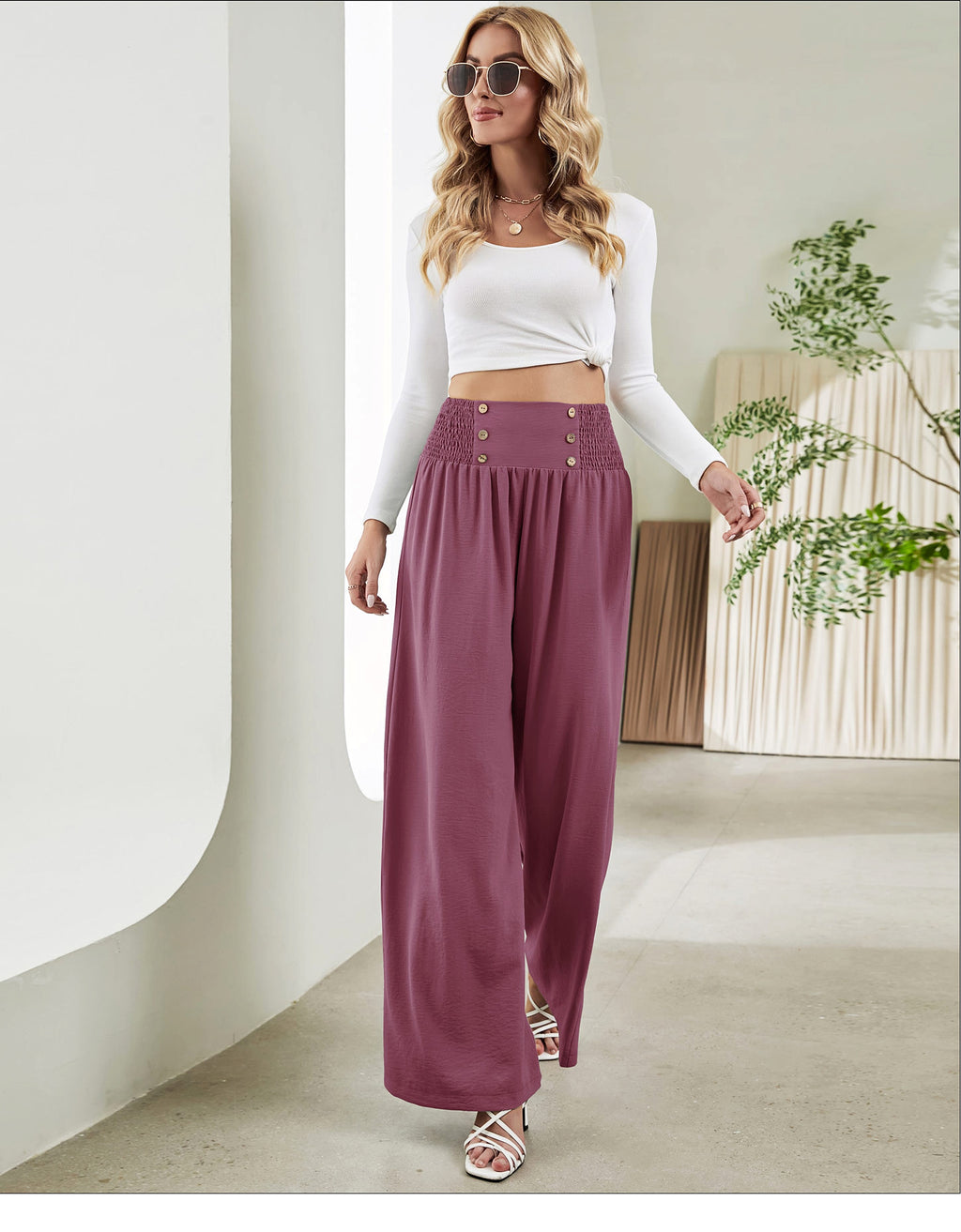 Fashion Straight Wide Leg Pants Elastic High Waist Casual Trousers For Women - enhanced image 4