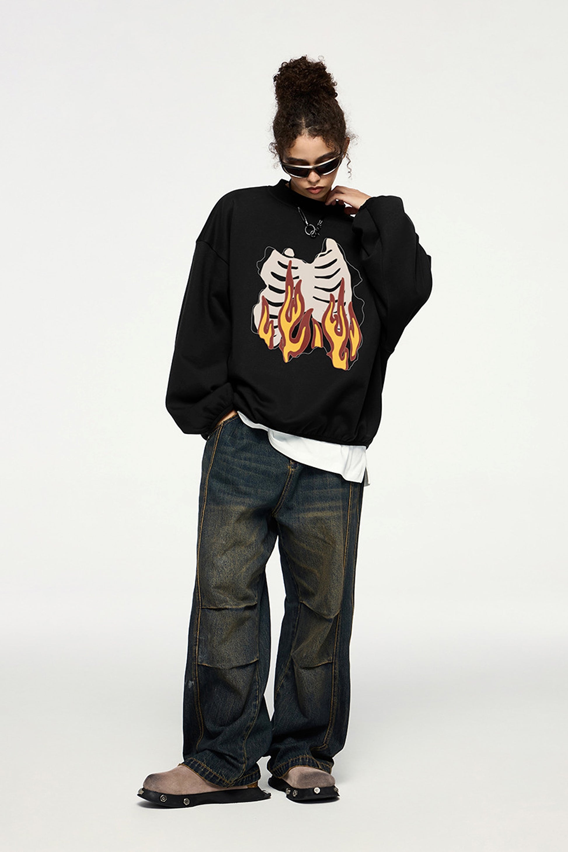 Fire Bone Round Neck Hoodie Short - enhanced image 4