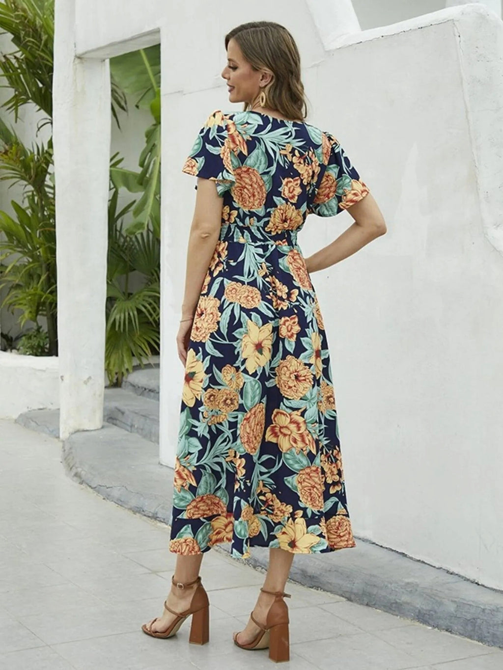 Floral Print Short Sleeve Wrap Midi Dress - enhanced image 4