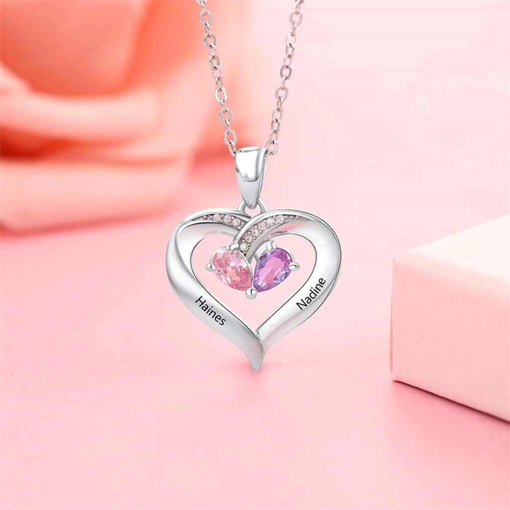 Personalized Heart-Shaped Gemstone Necklace – Custom Couple Pendant - enhanced image 4