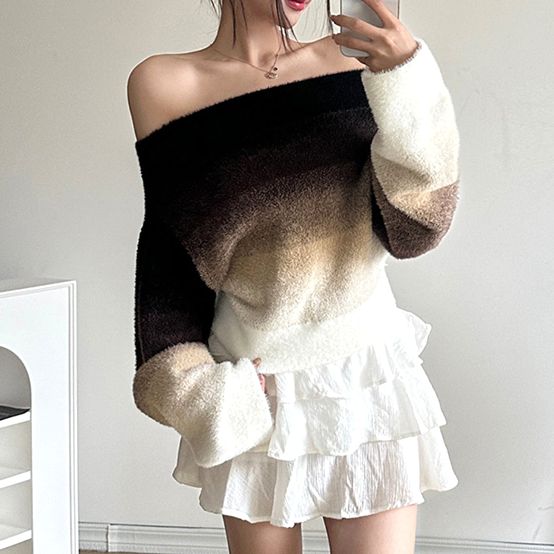 Gradient Off-neck Long-sleeved Woolen Top Women Sweater - enhanced image 4