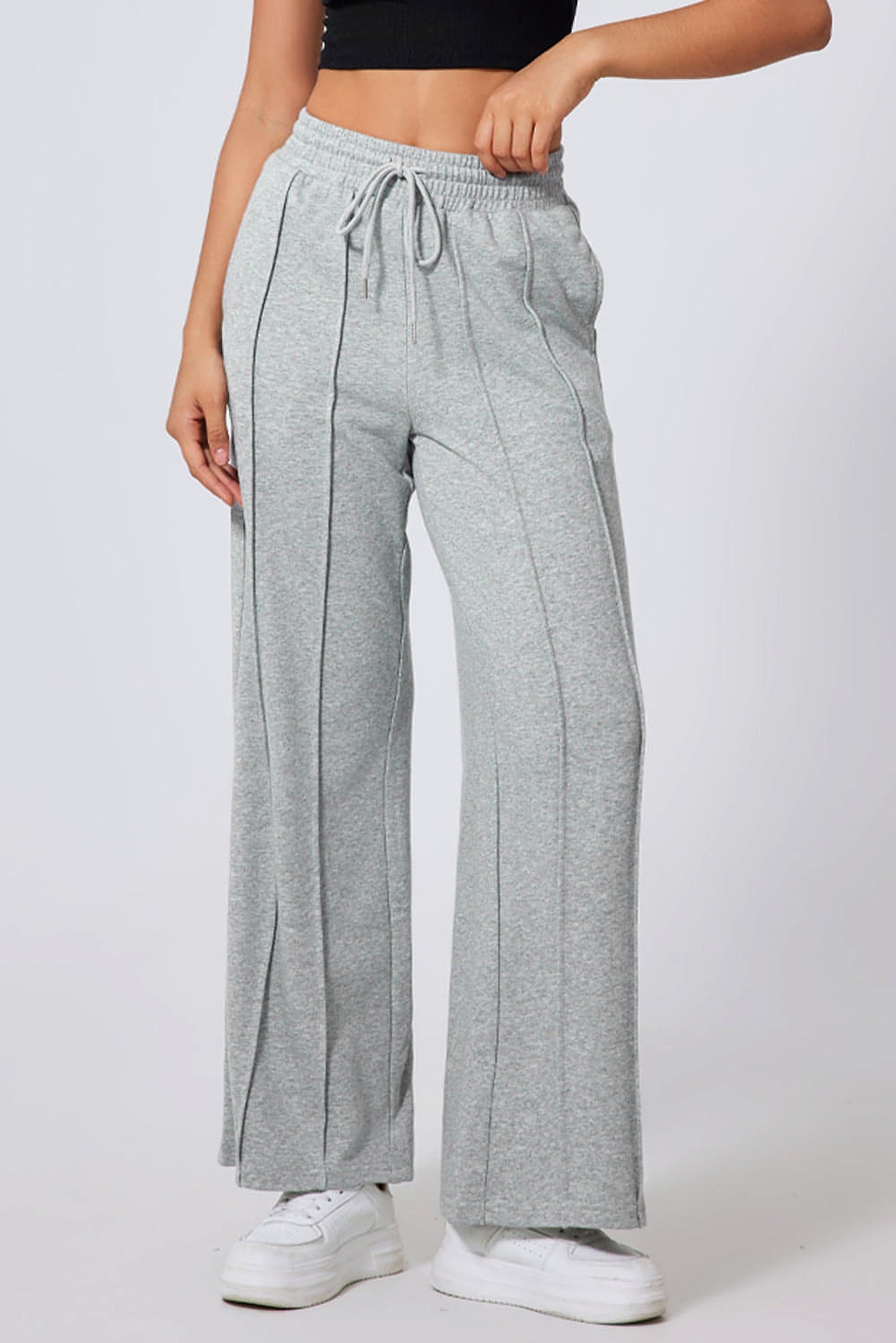 Gray Seamed Drawstring High Waist Wide Leg Sweatpants - enhanced image 4