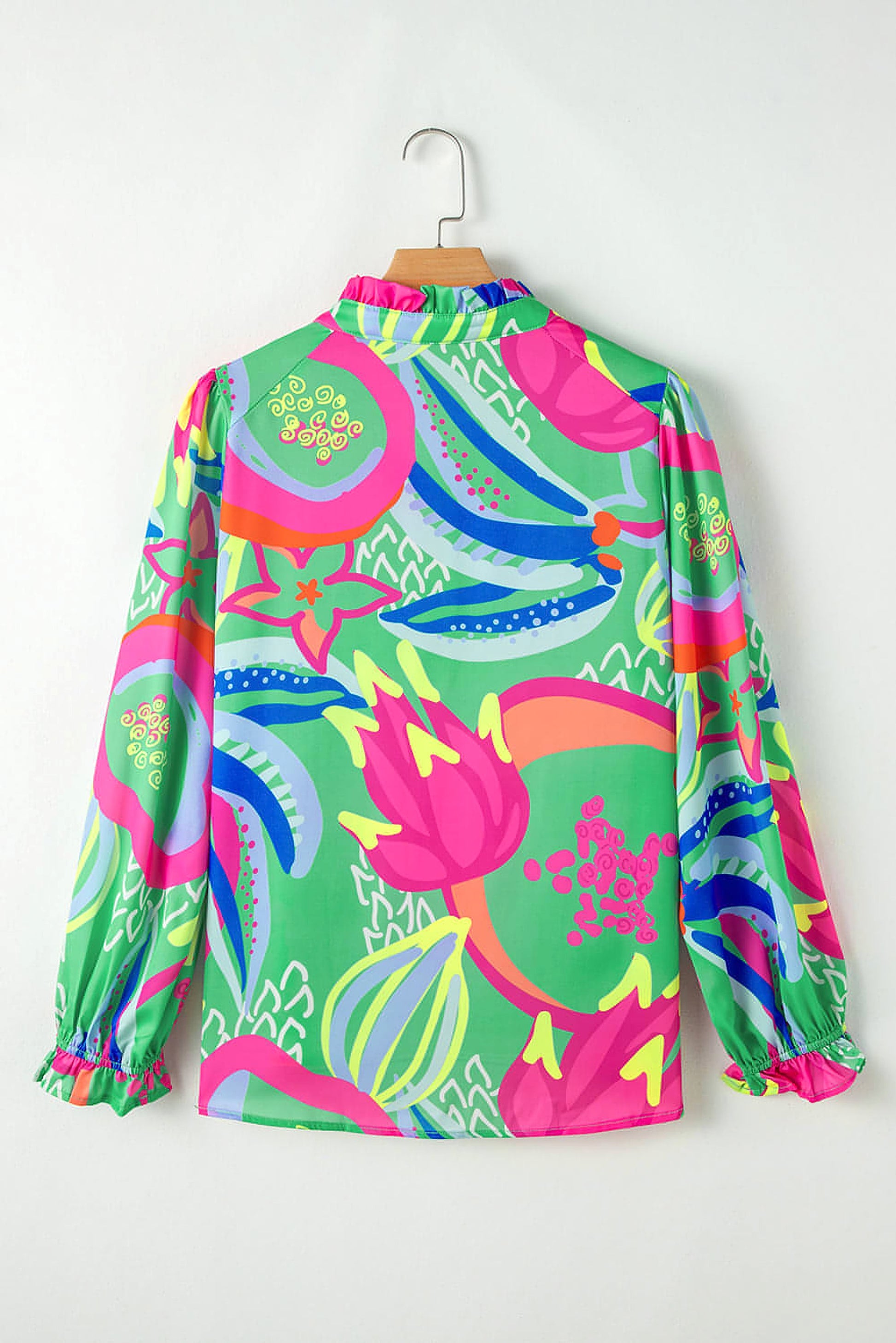 Green Abstract Print Ruffled Sleeve Buttoned V Neck Blouse - enhanced image 4