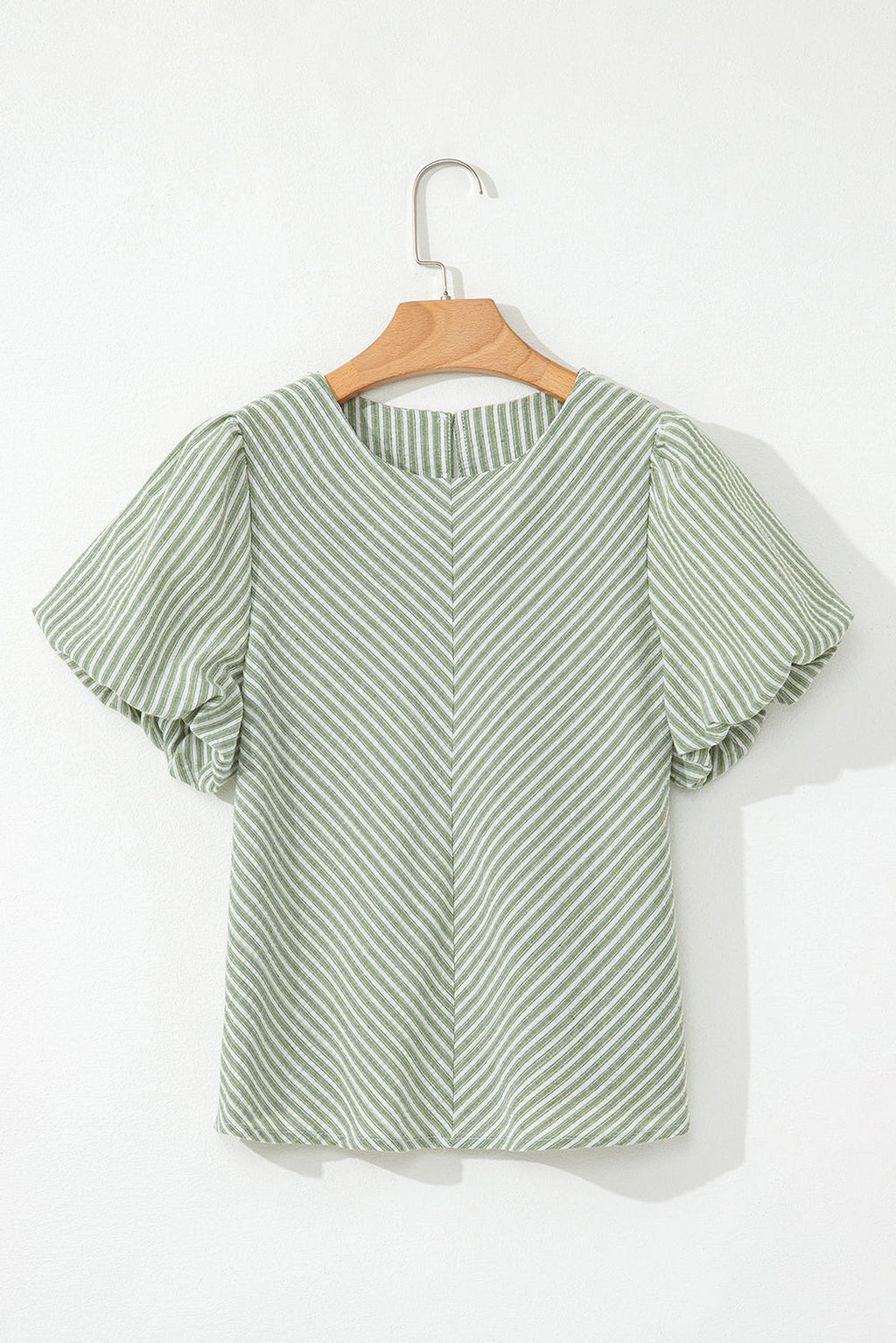 Green Stripe Textured Round Neck Short Puff Sleeve Blouse - enhanced image 4