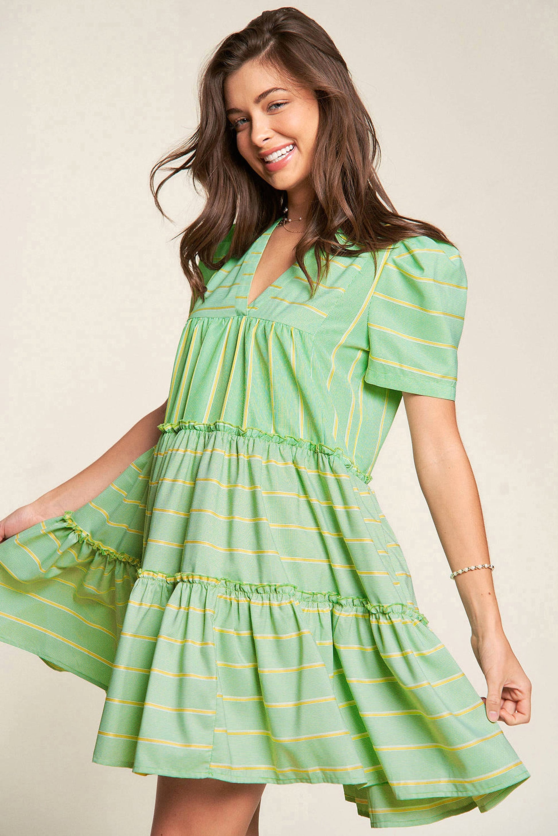 Green Stripe V Neck Short Sleeve Frilled Detail A-line Dress - enhanced image 4