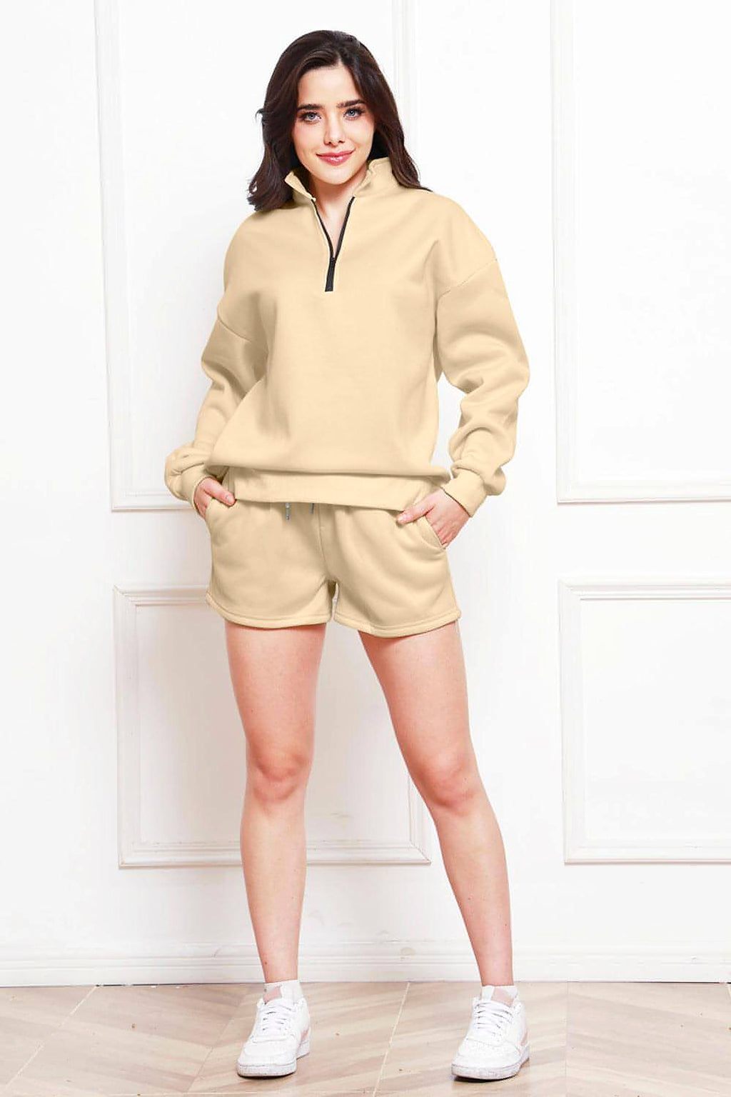 Half Zip Long Sleeve Sweatshirt and Drawstring Shorts Set - enhanced image 4