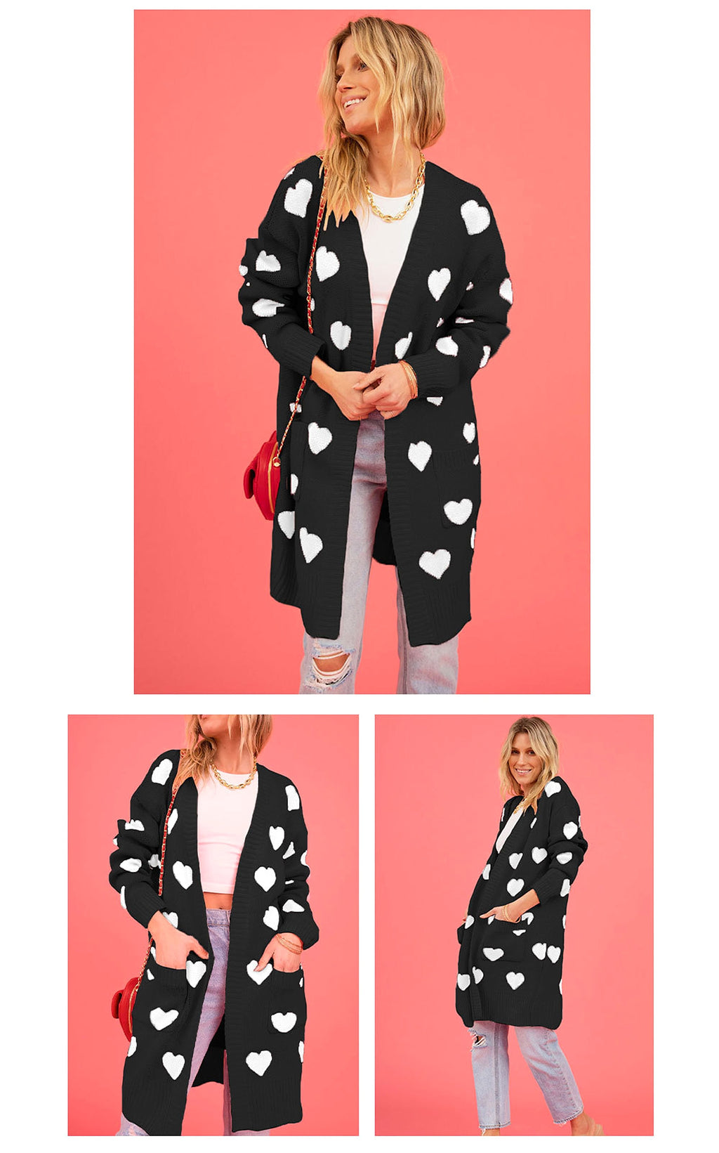 Heart Knitted Cardigan Love Pocket V-neck Mid-length Sweater - enhanced image 4