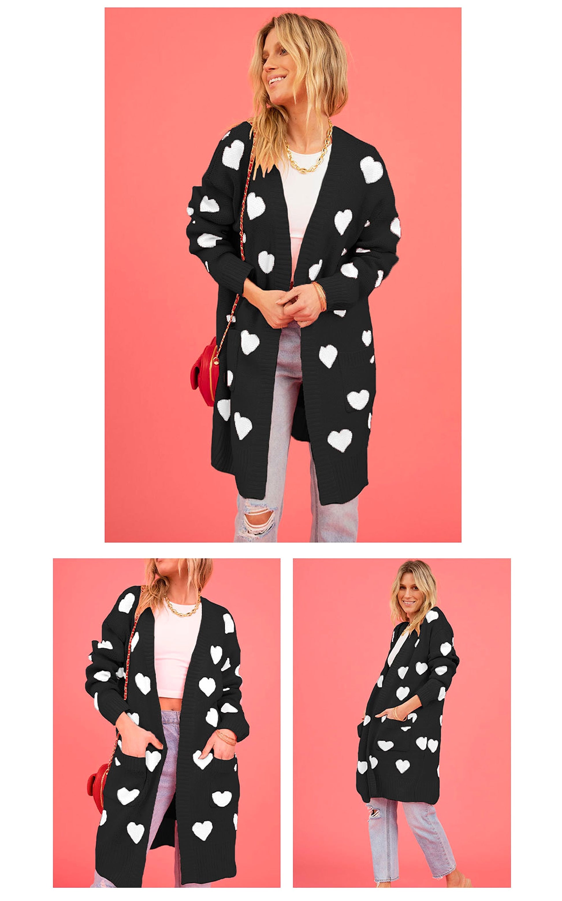 Heart Knitted Cardigan Love Pocket V-neck Mid-length Sweater - enhanced image 4