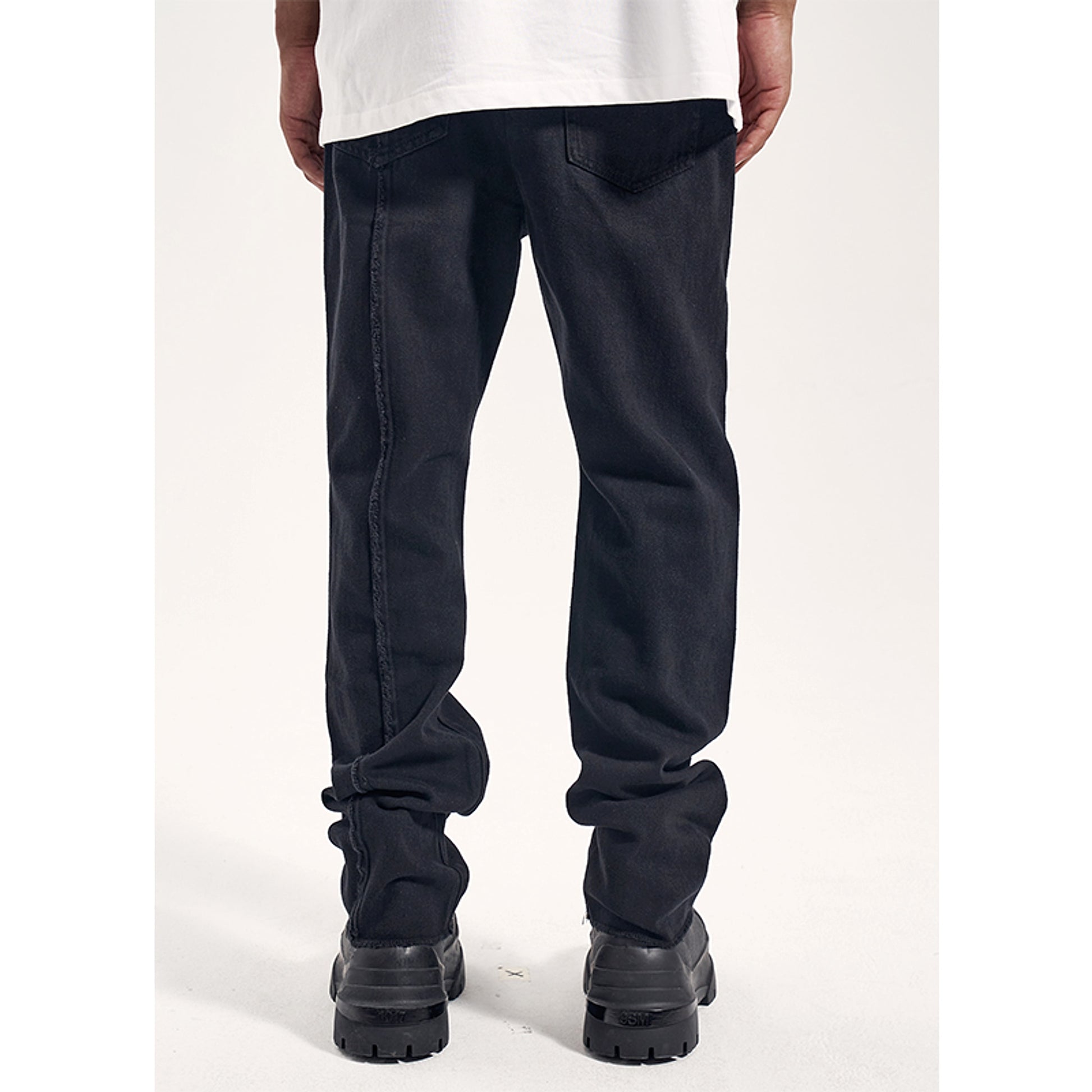 High Street Dark 3D Cut Solid Black Vintage Jeans Men - enhanced image 4