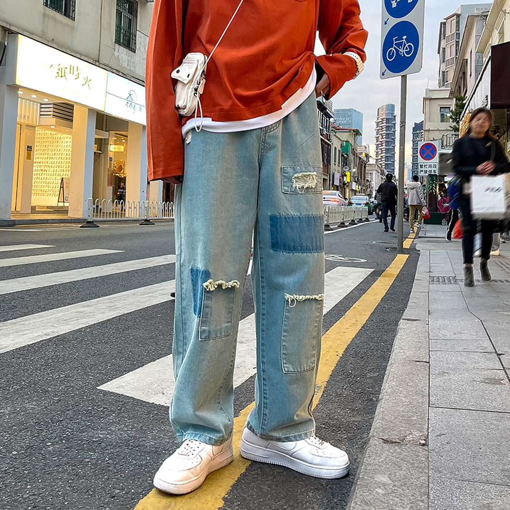 High Street Trousers Ripped Jeans Men Loose Straight Leg - enhanced image 4