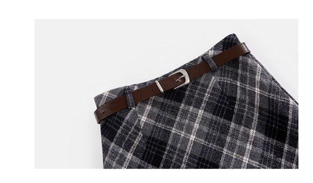 High Waist Mid-length Woolen Plaid Skirt For Women - enhanced image 4