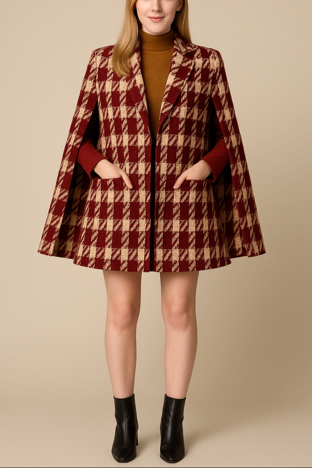 Houndstooth Woolen Cape Coat & Shorts – Elegant & Fashionable Set - enhanced image 4