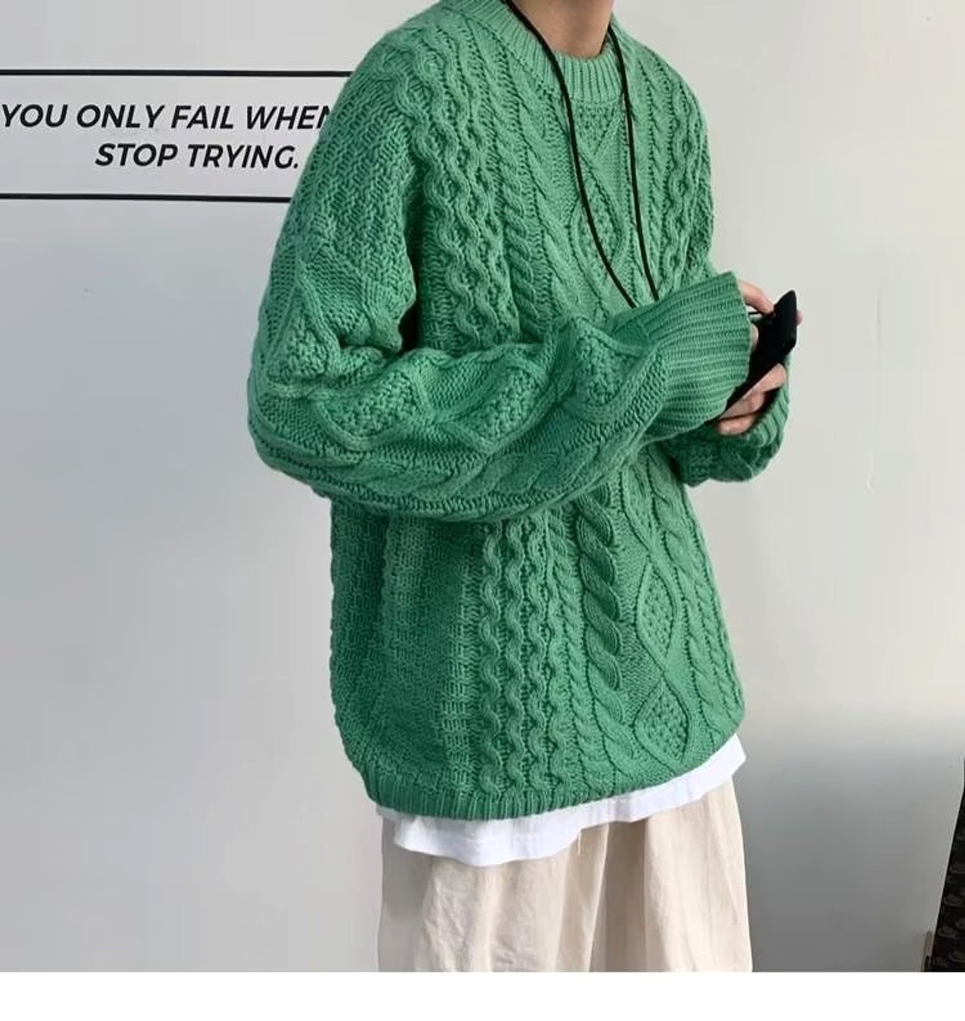 Japanese Stitching Contrast Color Cable-knit Sweater Men - enhanced image 4