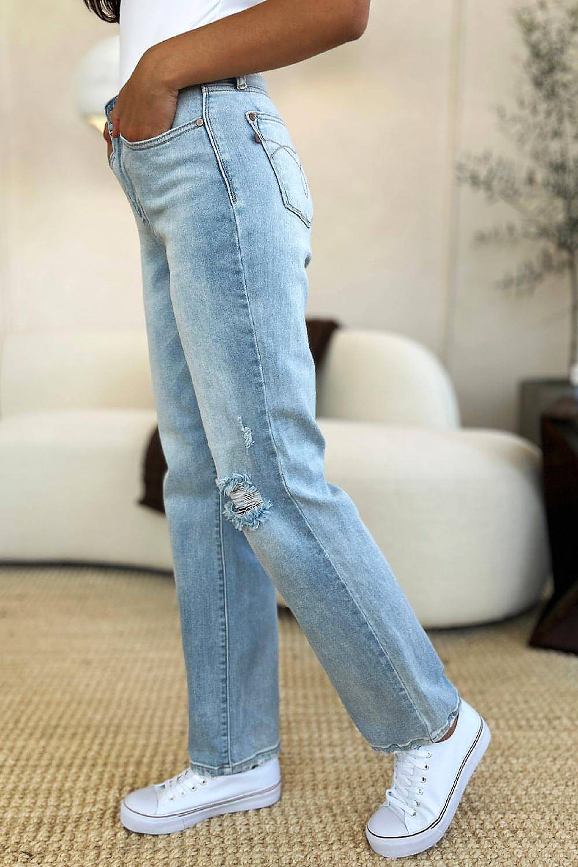Judy Blue Full Size High Waist Distressed Straight Jeans - enhanced image 4