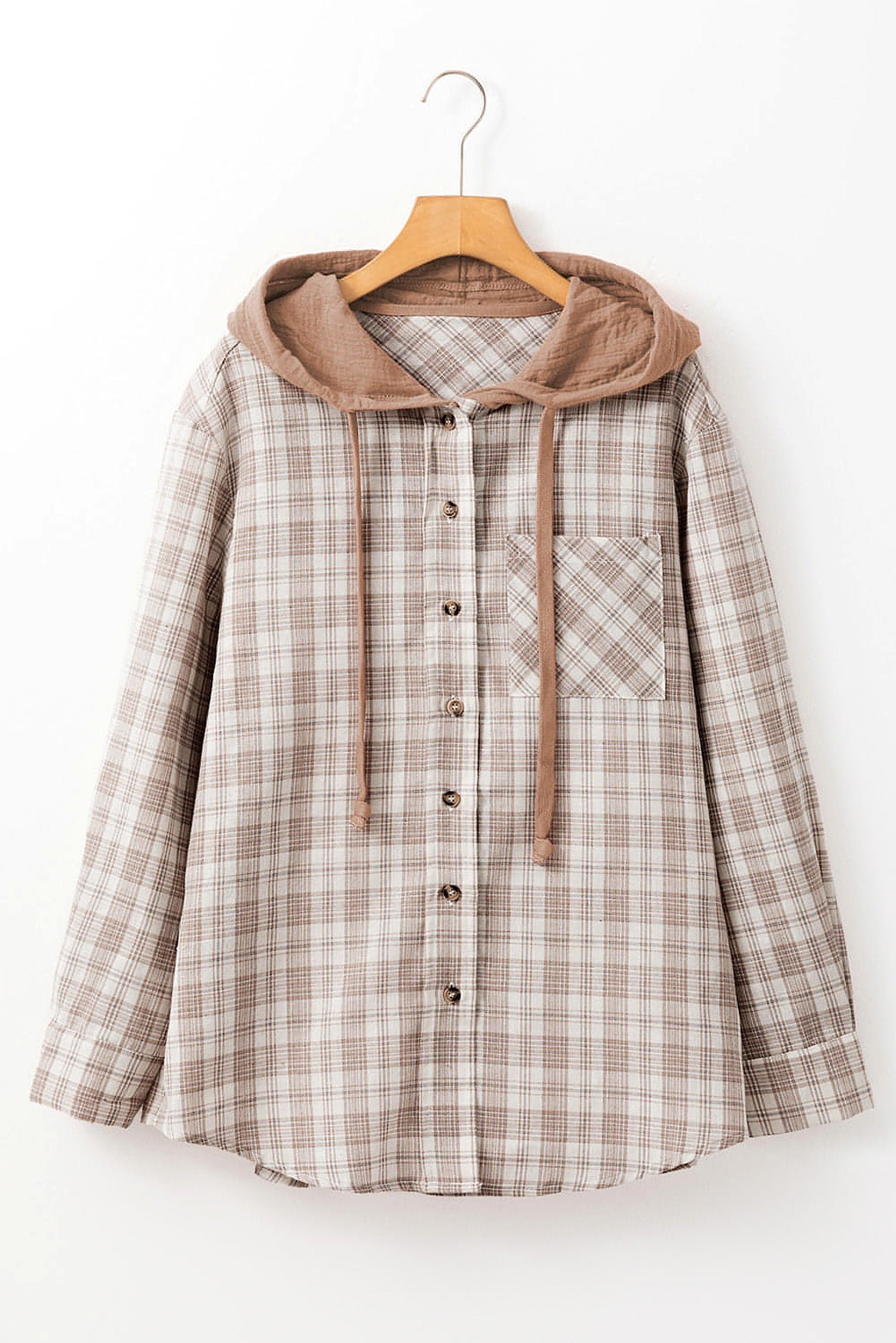 Khaki Checkered Print Loose Fit Buttoned Hooded Shacket - enhanced image 4