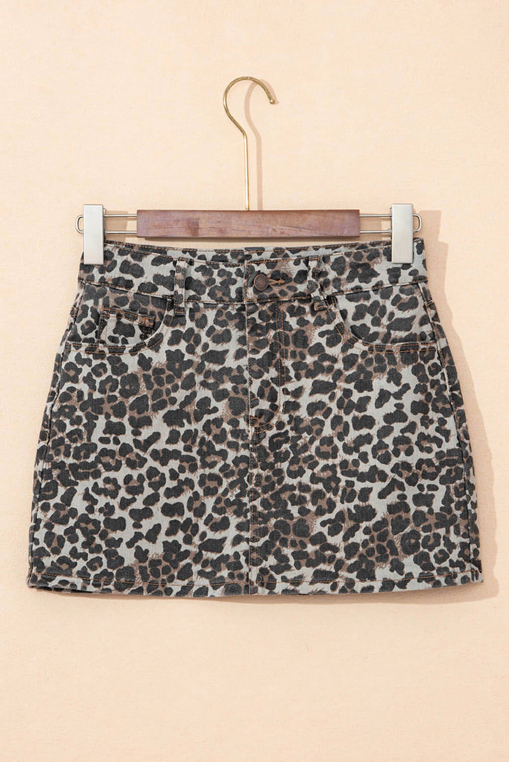 Khaki Leopard Denim Mini Skirt - enhanced image 4