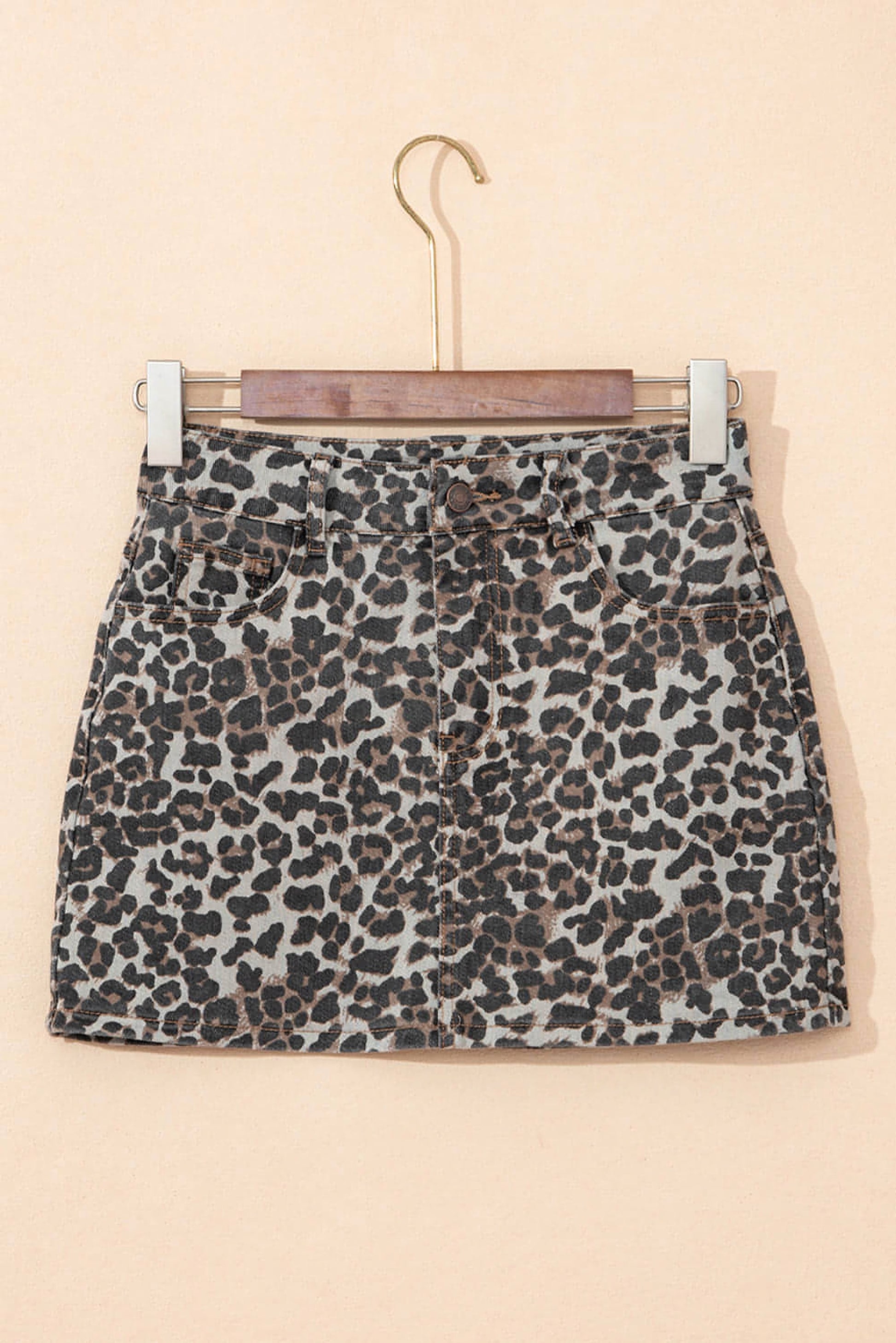 Khaki Leopard Denim Mini Skirt - enhanced image 4