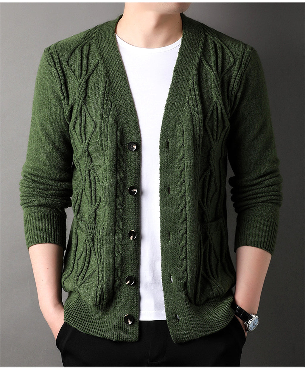 Knitted Cardigan Rhombus Loose Casual Sweater Coat Men - enhanced image 4