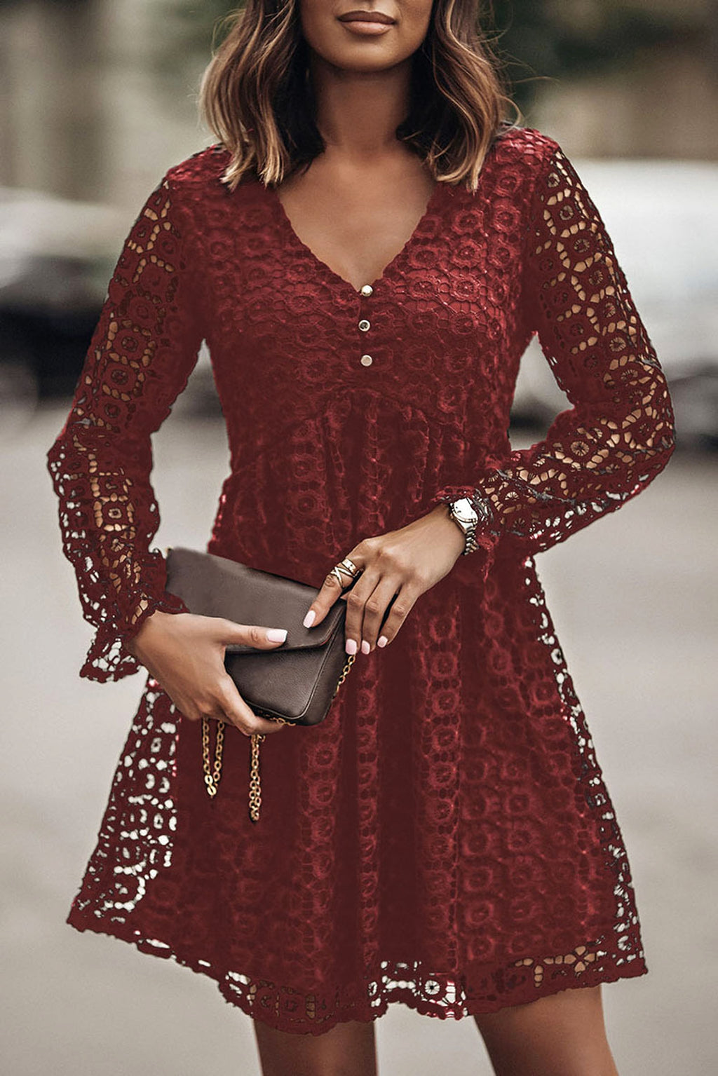 A. Lace Stitching Long Sleeve Dress Women - enhanced image 4