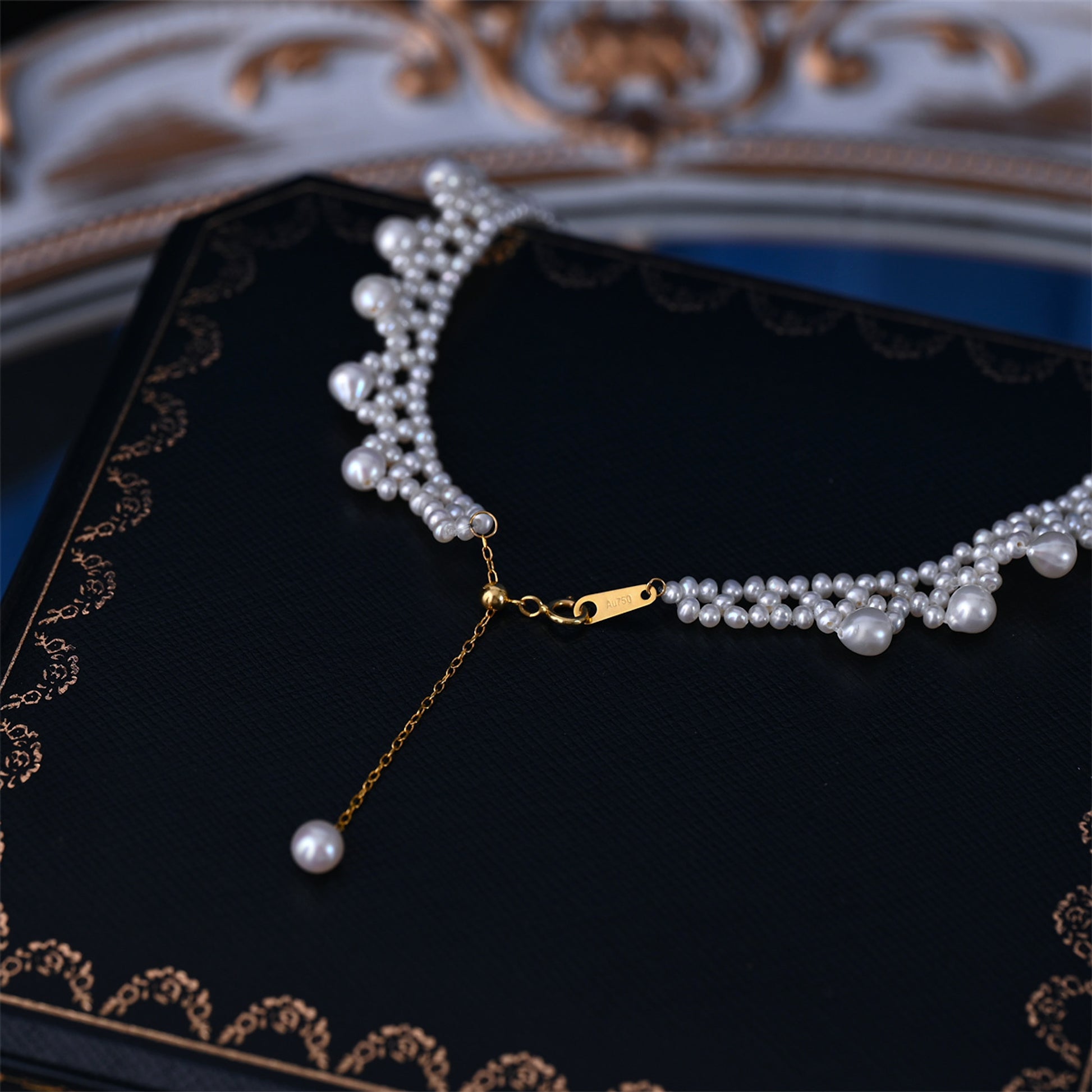 Vintage Pearl Choker with Gold Lace Accents - enhanced image 4