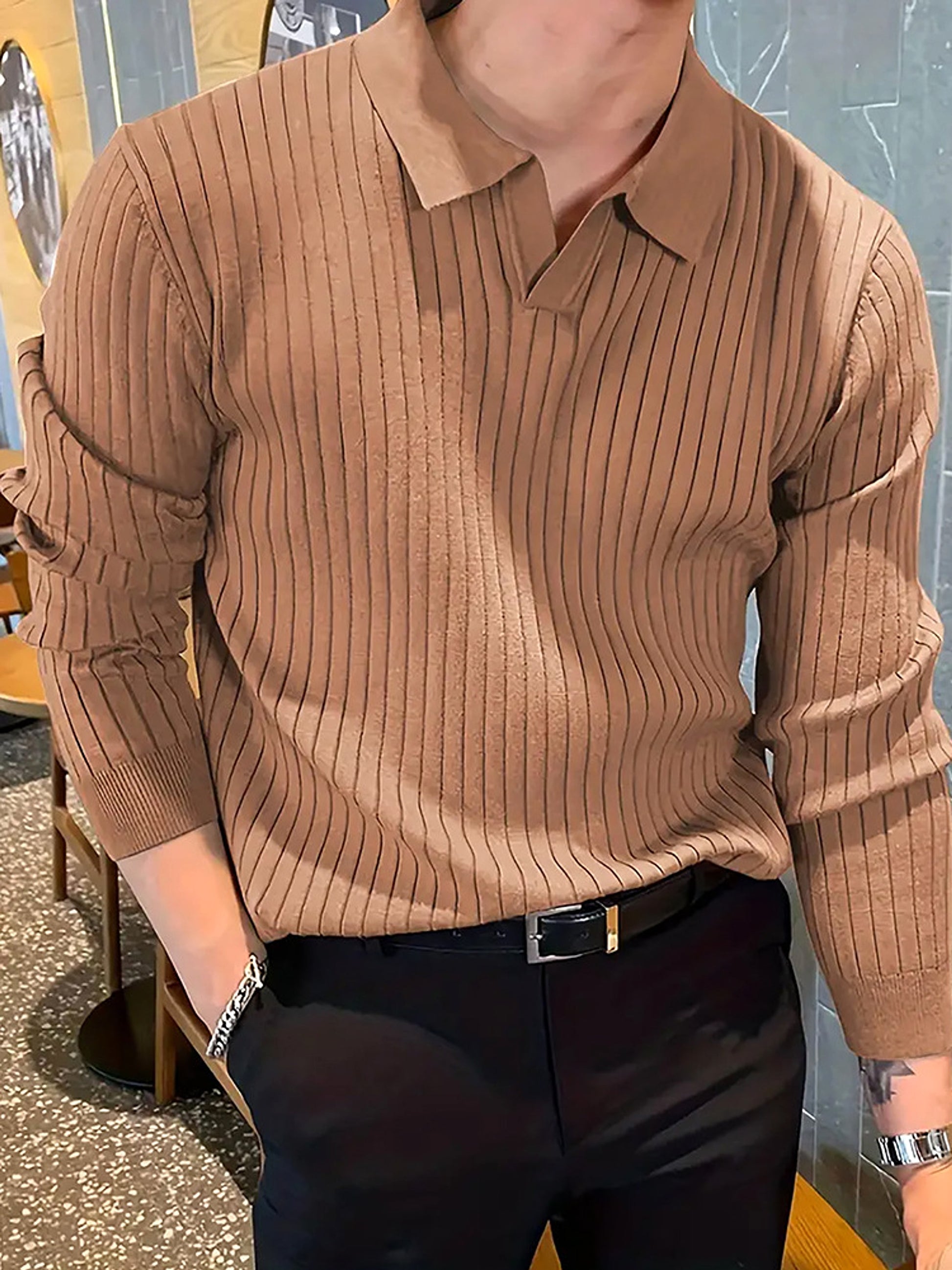 Lapel Texture Stretch Slim Knit Polo T-Shirt Men - enhanced image 4