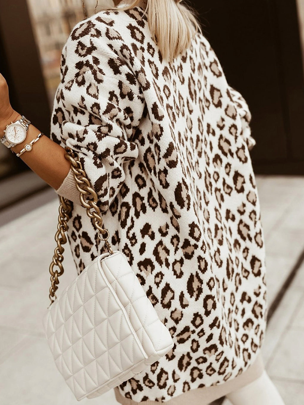 Leopard Print Design Knitted Cardigan Sweater - enhanced image 4