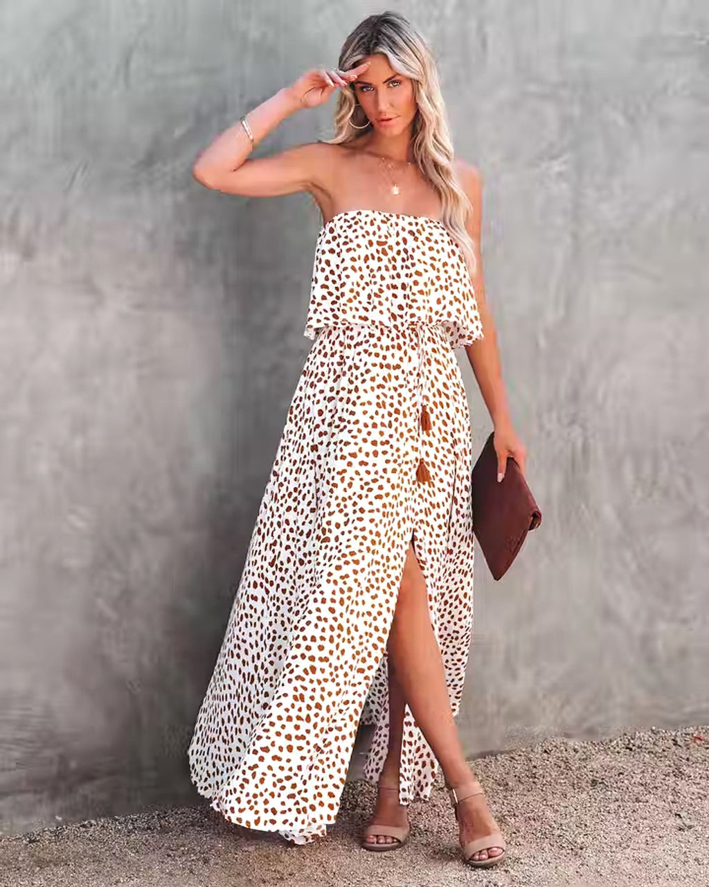 Leopard Print Floral-print Off-shoulder Ruffled Slit Dress - enhanced image 4