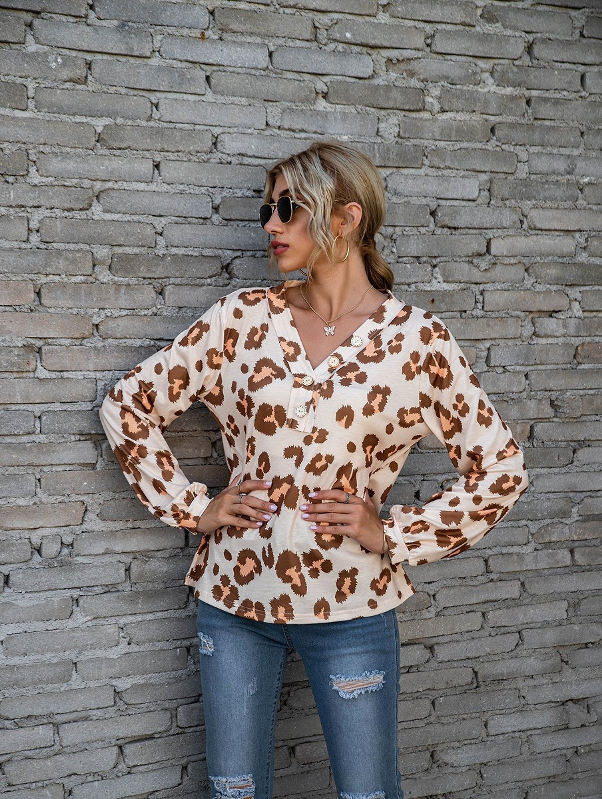 Leopard Print Printed V-neck Off-the-shoulder Long Sleeve T-shirt Women - enhanced image 4