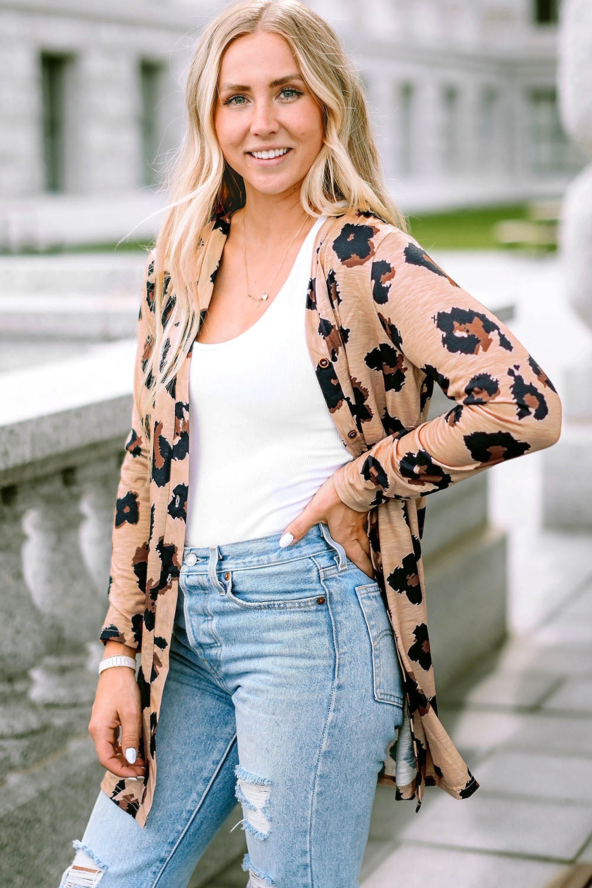 Leopard Printed Open Front Cardigan - enhanced image 4