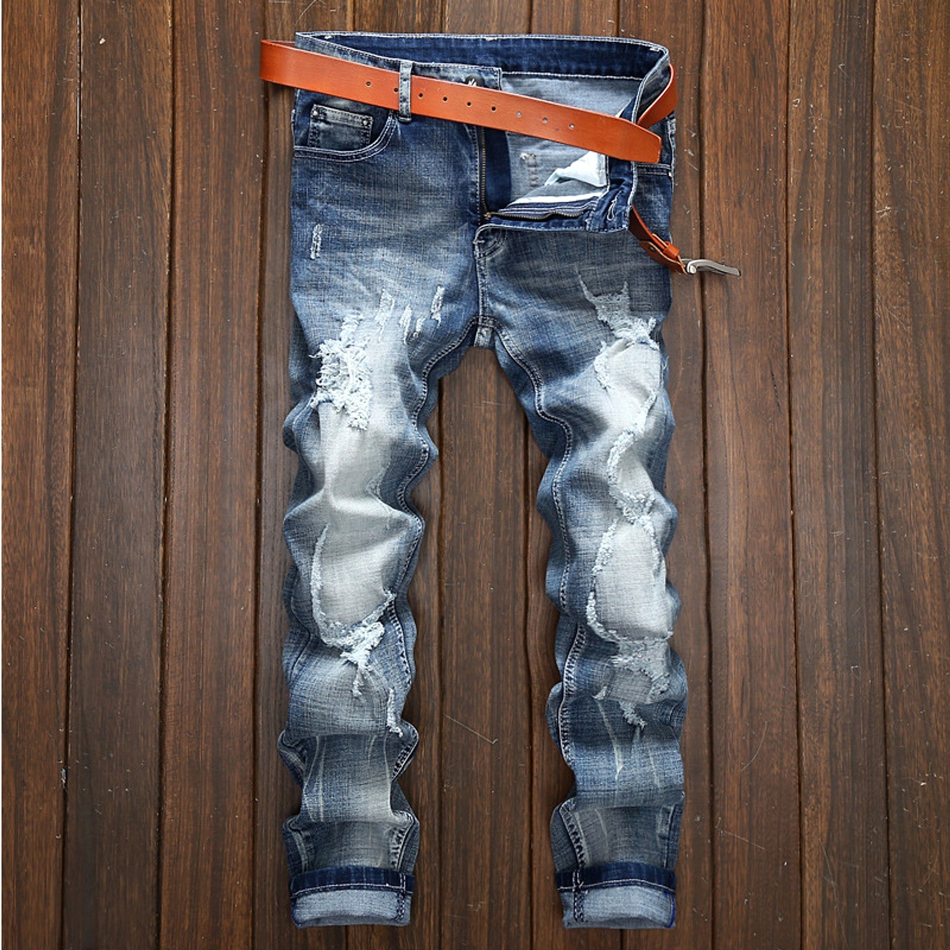 Light-colored Ripped Jeans Men's Scraped Broken Trousers Slim Small Straight Leg Pants - enhanced image 4