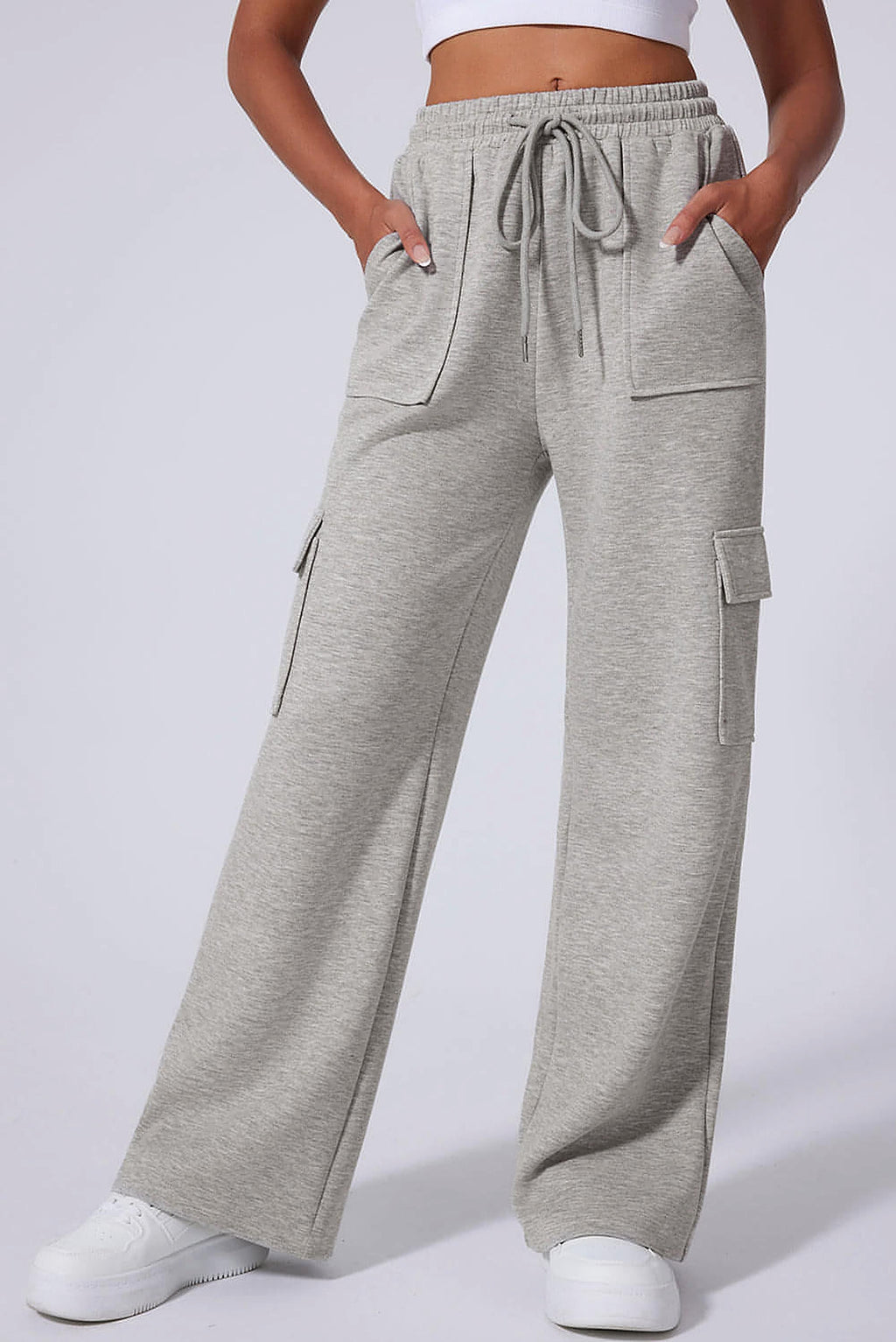 Light Grey Multi Pockets Lace-up High Waist Wide Leg Workout Pants - enhanced image 4