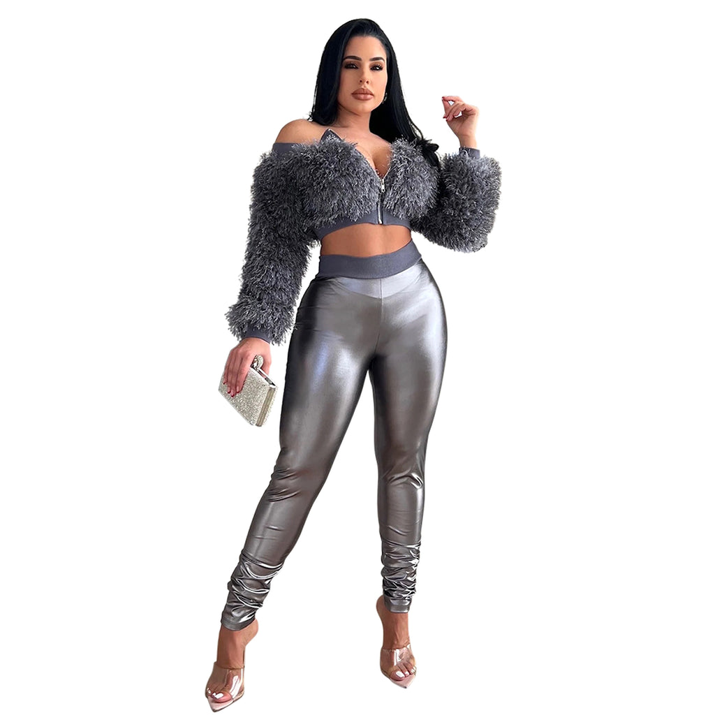 Long Sleeve Furry Short Top With Slim Trousers Two-piece Set For Women - enhanced image 4