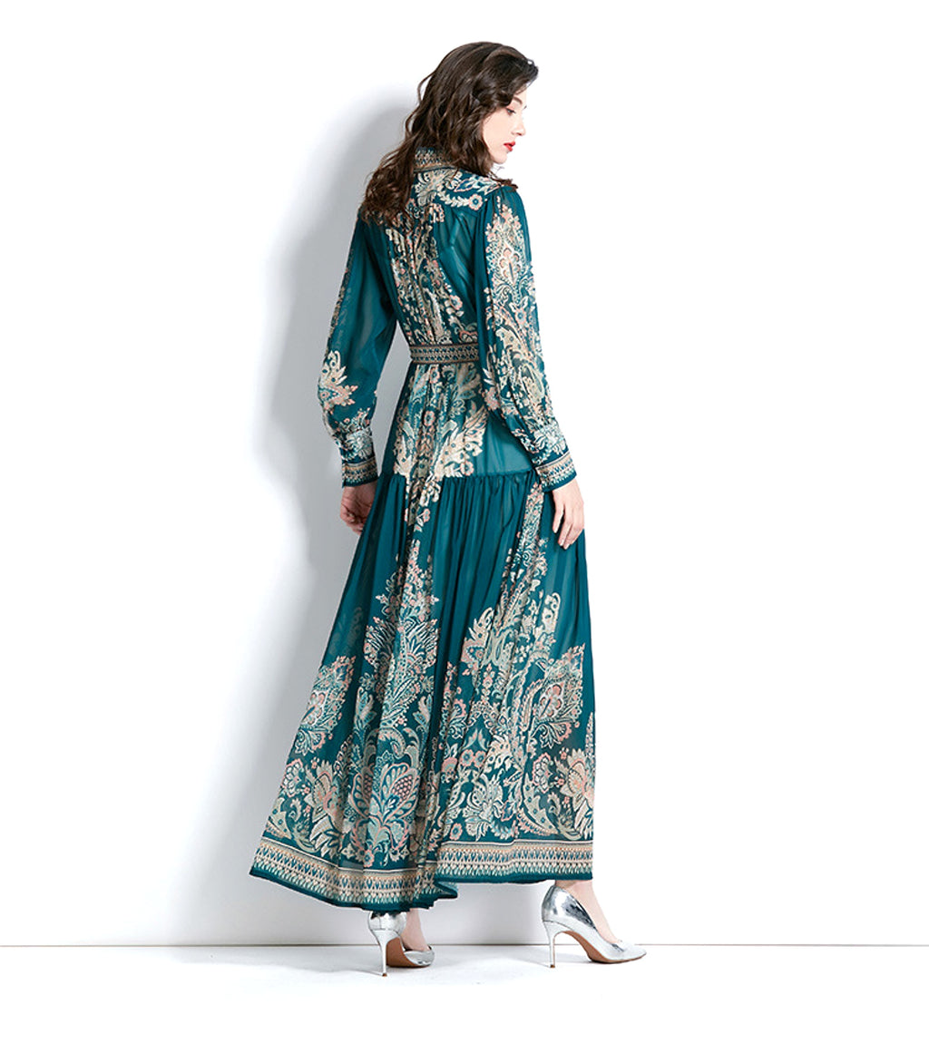 Long Sleeve Stand-up Collar Puff Sleeve Lace Printing Dress - enhanced image 4