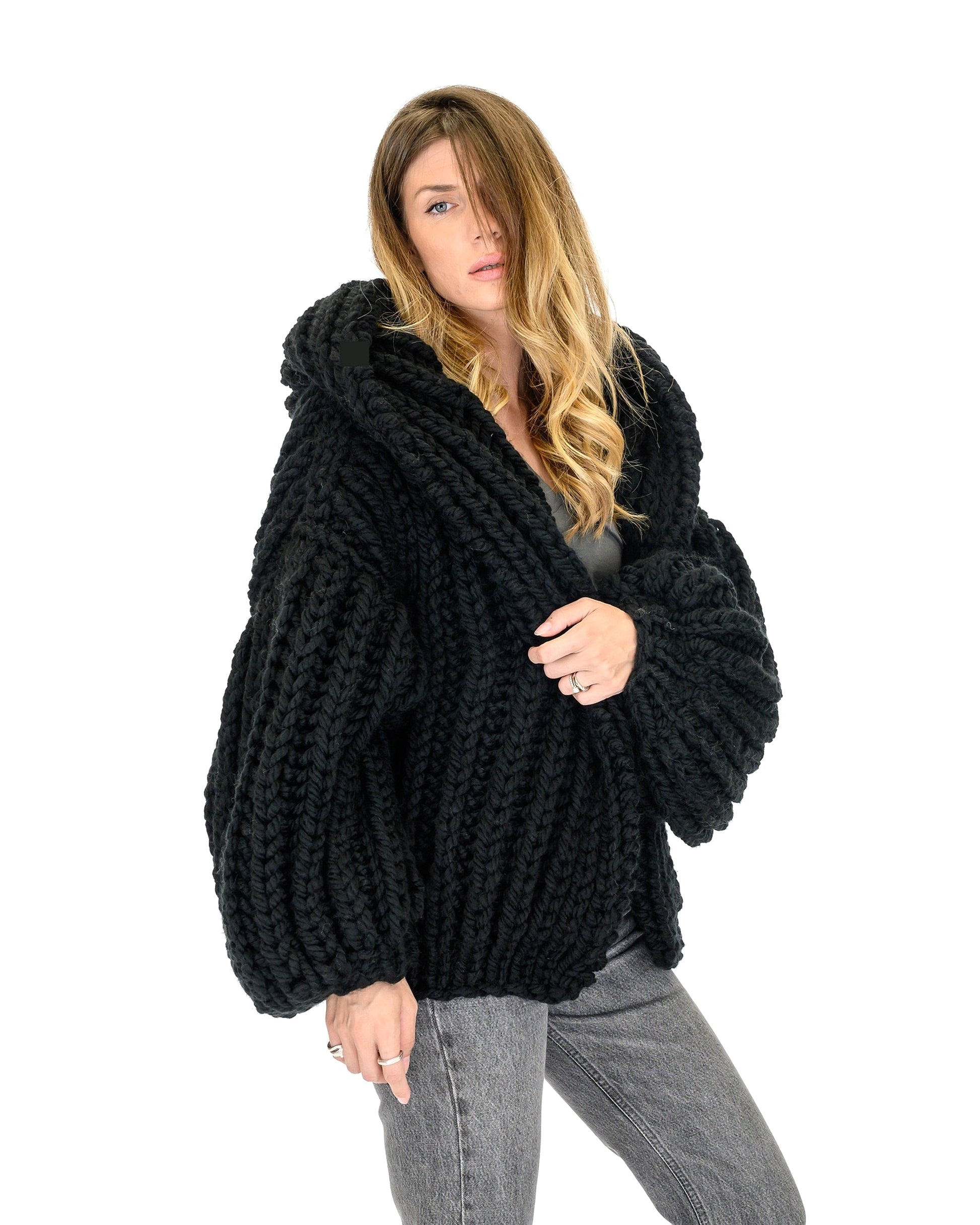 Loose And Hooded Cardigan Coat Handmade Knitting Needle Women's Knitted Sweater - enhanced image 4