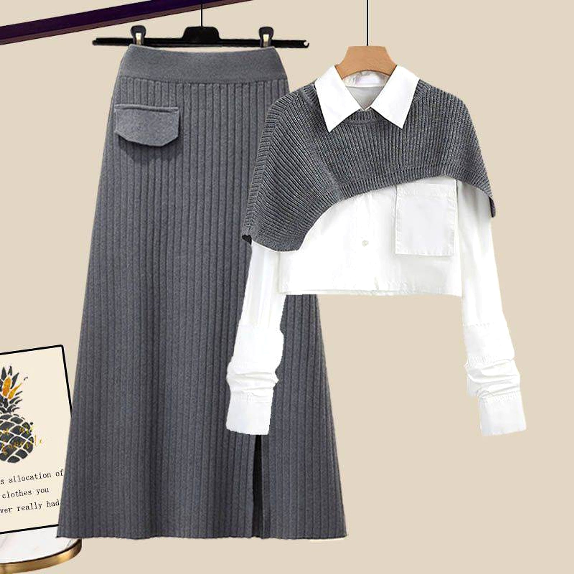 Loose Shawl Shirt High Waist Knit Skirt Three-piece Set - enhanced image 4