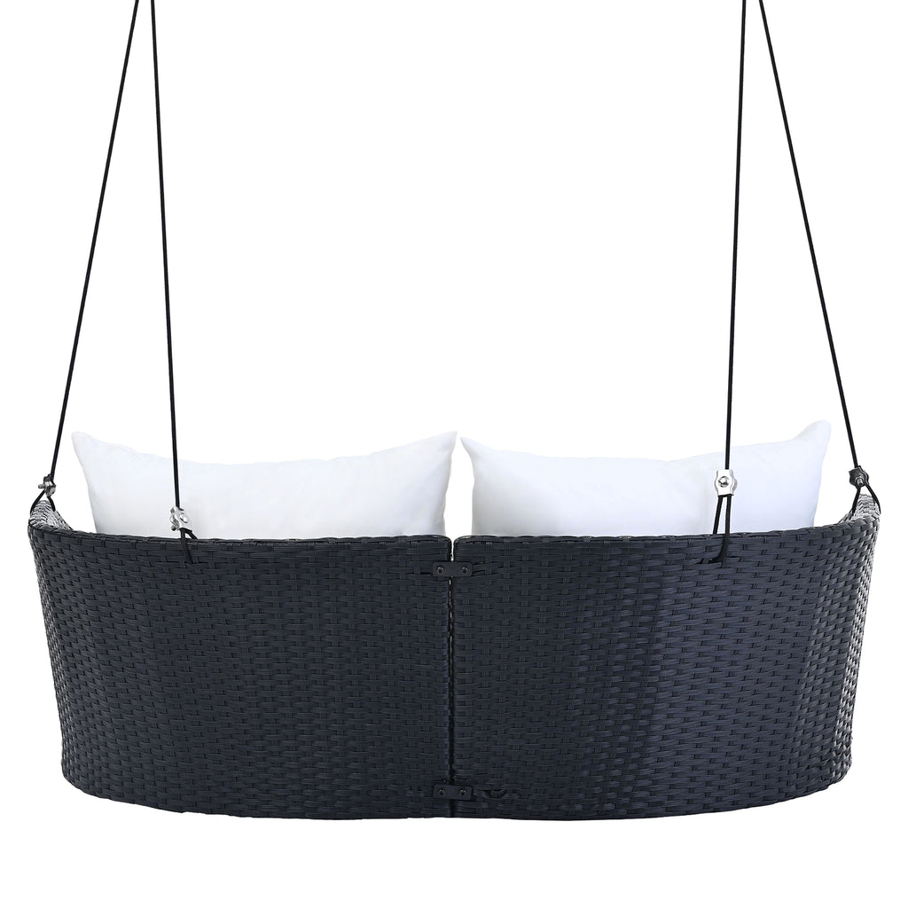 LuneluX_Home – Hanging Rattan Porch Swing for 2 (Black Wicker + White Cushions) - enhanced image 4