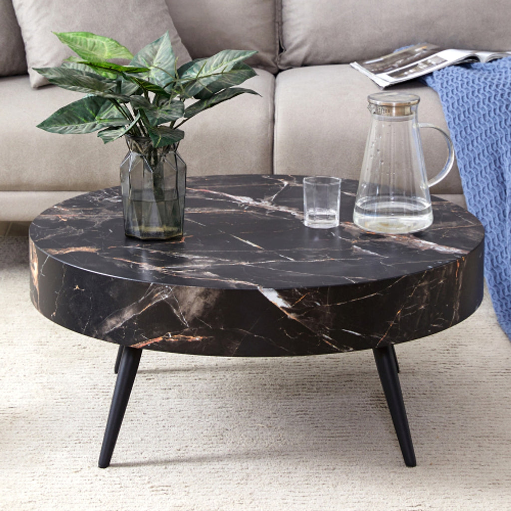 LuxeHome™ – 31.5" Black Marble Round Coffee Table with Adjustable Metal Legs (US Warehouse) - enhanced image 4