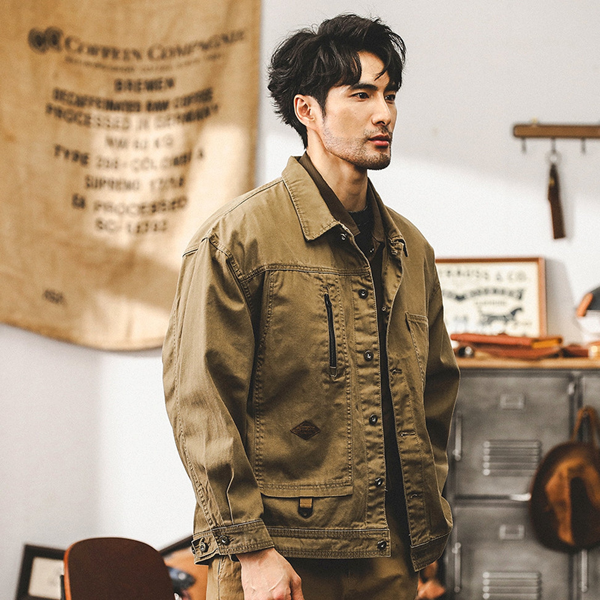 Maillard Retro Heavy Fishbone Pattern Workwear Jacket - enhanced image 4